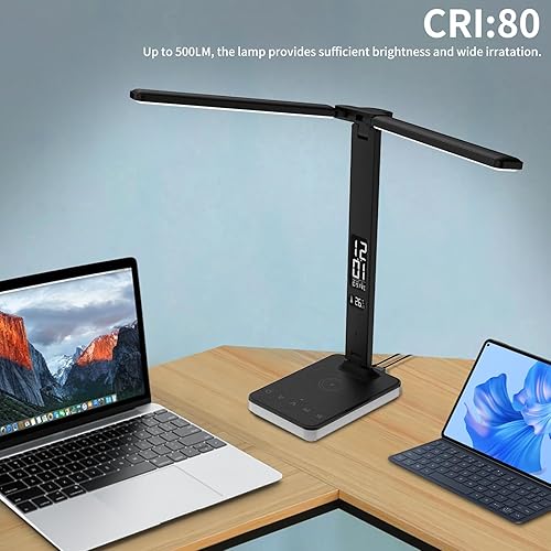 Miniatura 8 de LED Desk Lamp with Charger, USB Charging Port, Dual Swing Arm Desk Light with 5 Brightness, 3 Colors, Table Lamp with Clock, Alarm, Date,