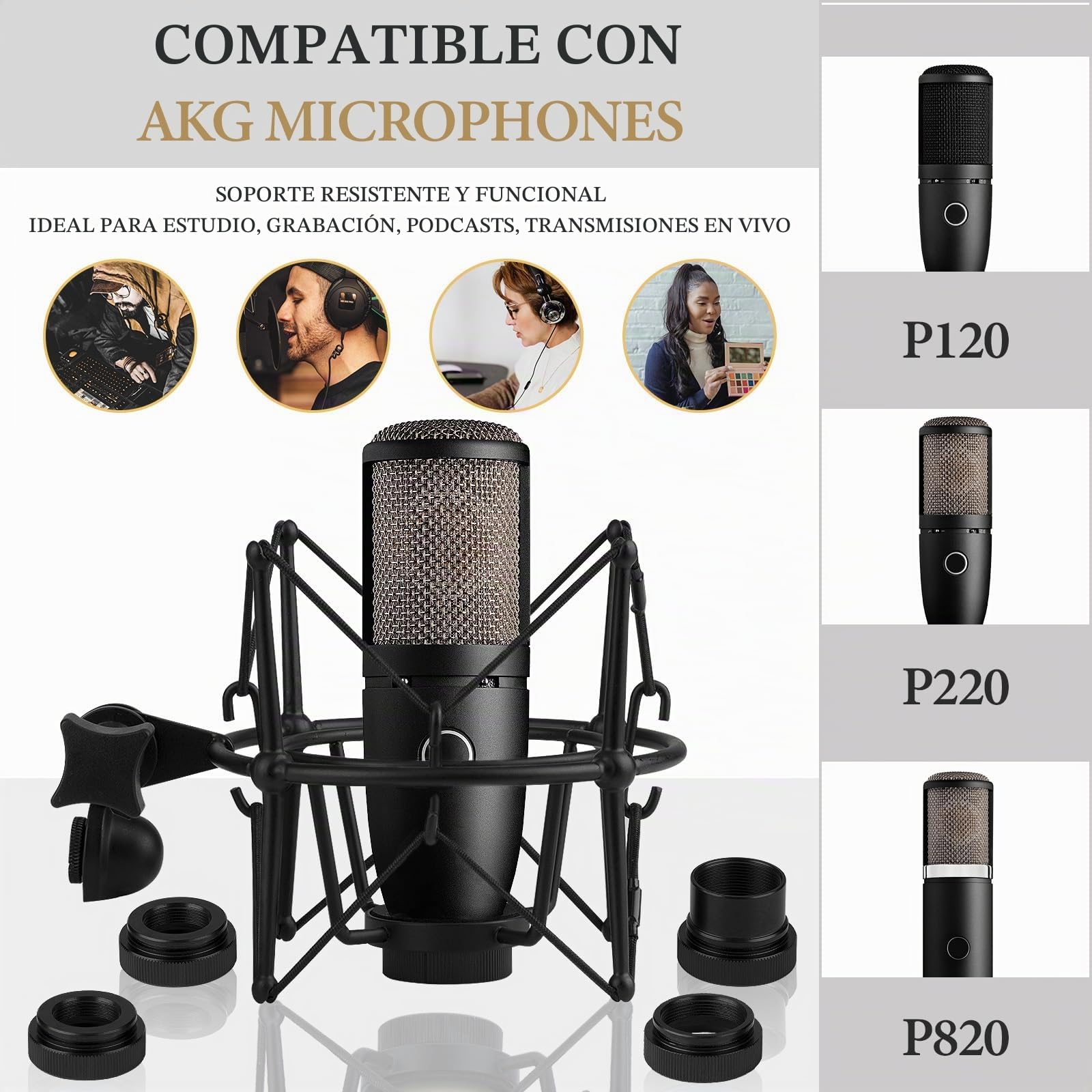 Geekria for Creators Soporte de choque para micrófono compatible con AKG P120, P220, P420, P820 Adaptador de suspensión antivibración Abrazadera Clip de soporte para micrófono (Negro/Metal)