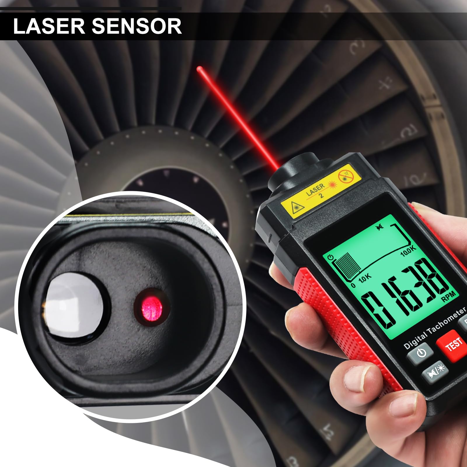 Tachymètre Laser Numérique 99 999 Tr/min Haute Précision Mesure sans Contact Fonctions MAX/MIN/MOY 2 Modes pour Automobile, Industrie et Bricolage