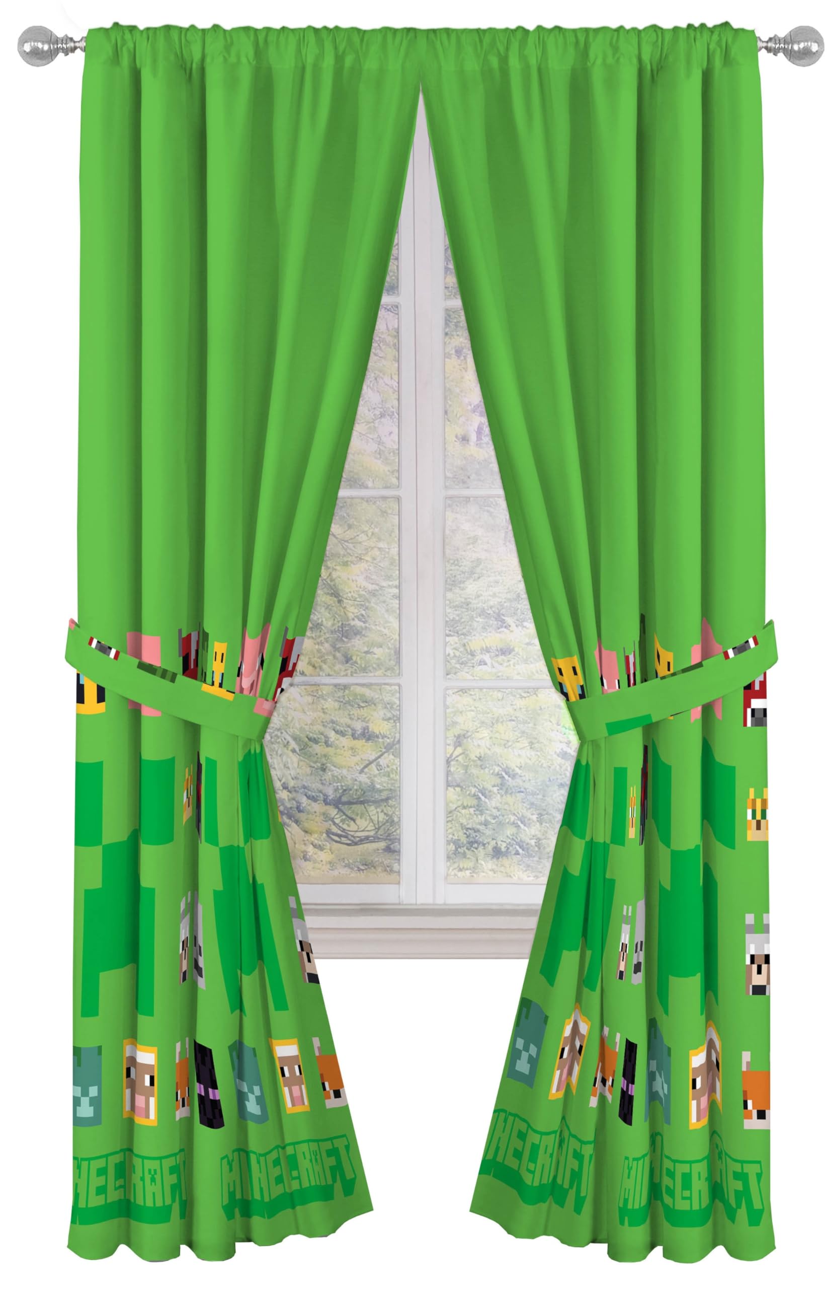 Sunny Side Up Window Curtains for Kids Bedroom 4-Piece Drape Set with 2 Tiebacks, Green - Minecraft, 42" W x 84" L (Pack of 2)