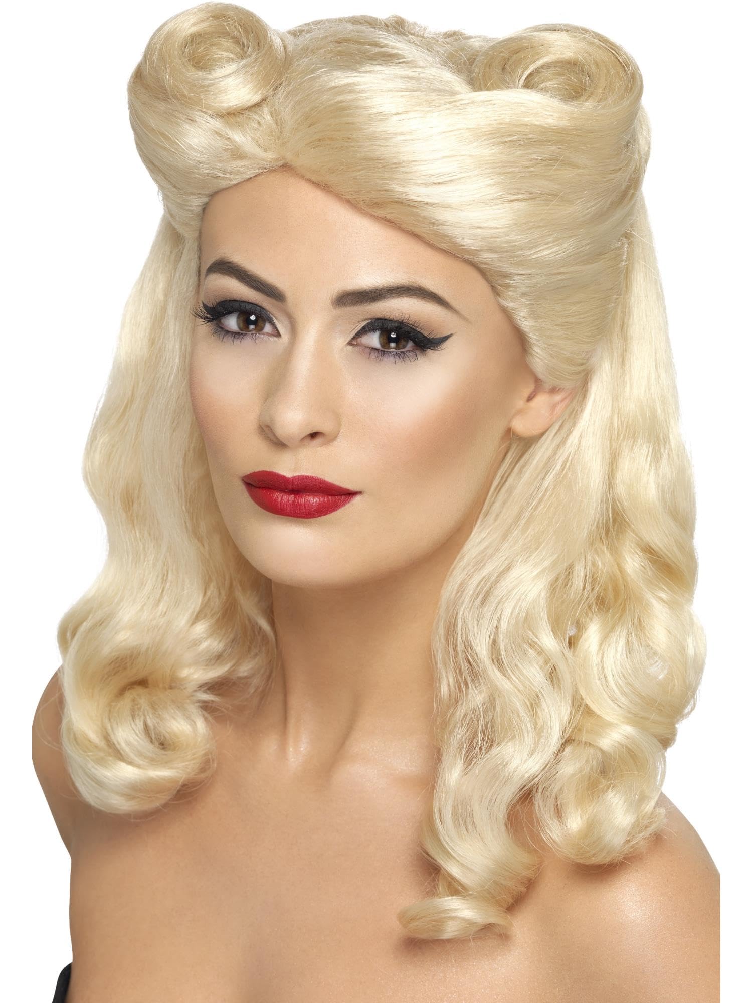Smiffys 40s Pin Up Wig, Blonde with Victory Rolls, 1940's Wartime Fancy Dress, 1