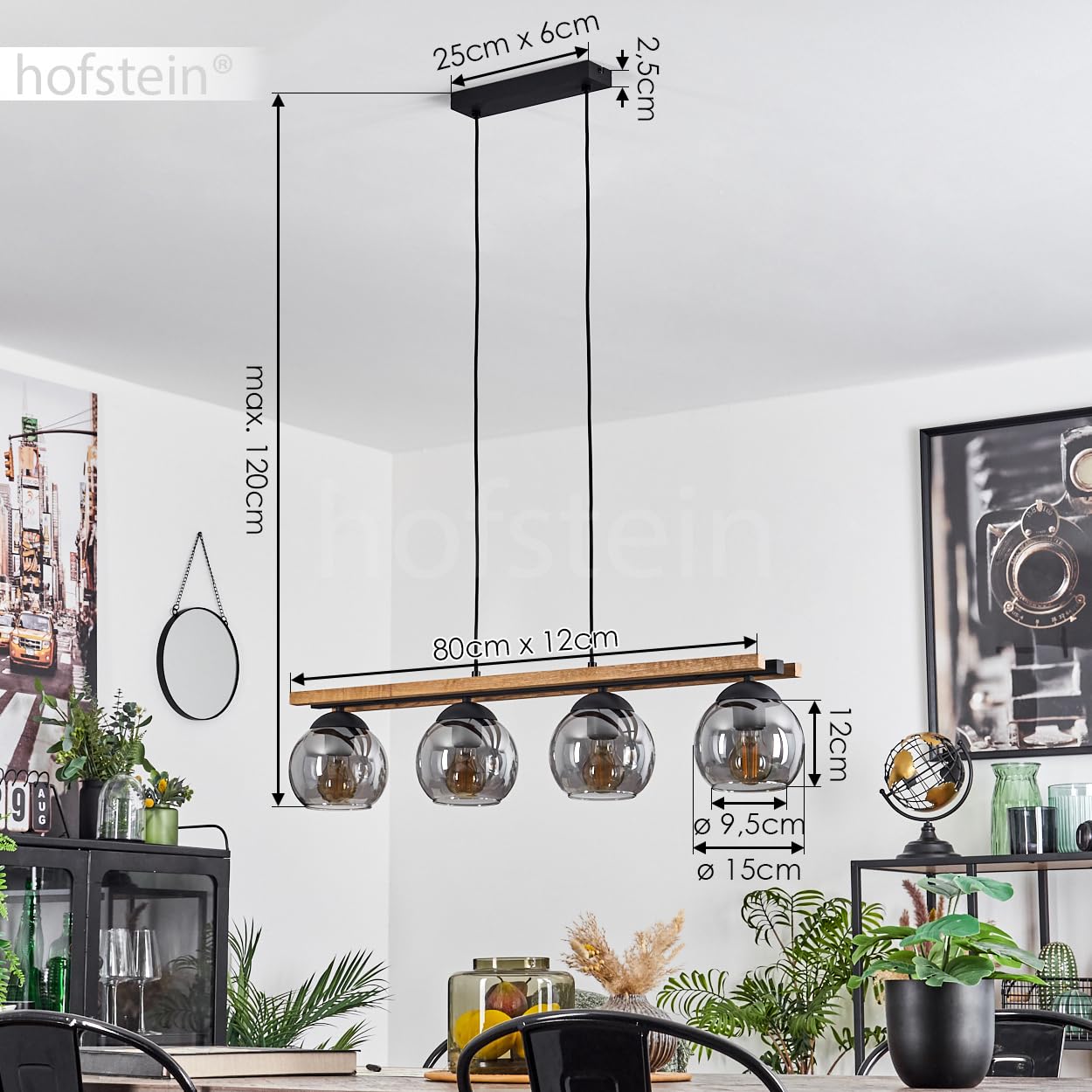 Pendelleuchte Podre, Hängelampe aus Metall/Holz/Glas in Schwarz/Natur/Rauchfarben, Hängeleuchte im Retro/Vintage-Design m. Glasschirmen (Ø 15cm), 4-flammig, Höhe max. 120cm, 4x E27, ohne Leuchtmittel
