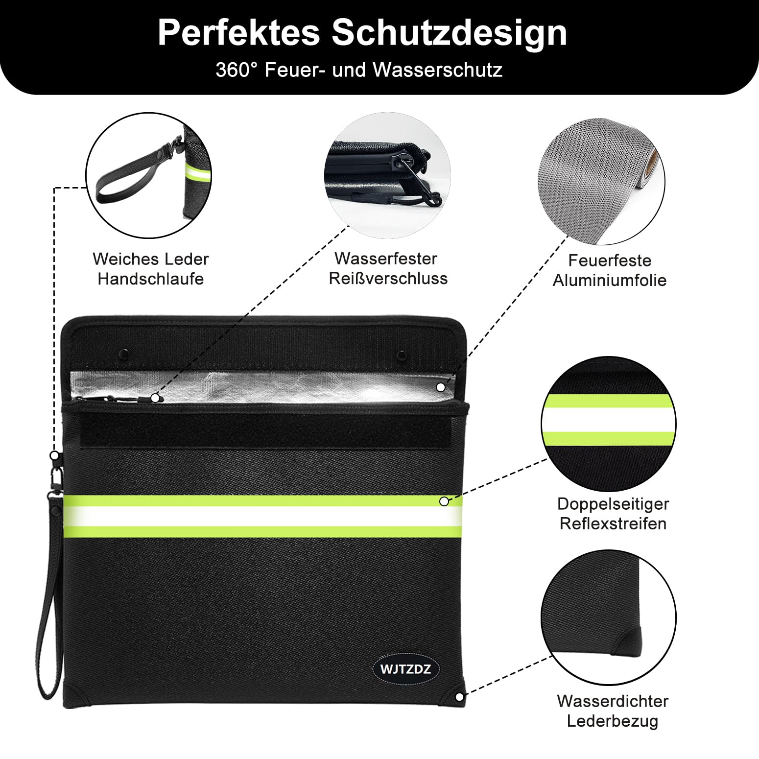 6500 °F Verbesserter Feuerfester Geldbeutel mit Wasserdichtem Reißverschluss für Bargeld,10 Schichten Wärmeisoliertes Material/Reflexstreifen,Feuerfester Beutel mit Griff für Wichtige Dokumente