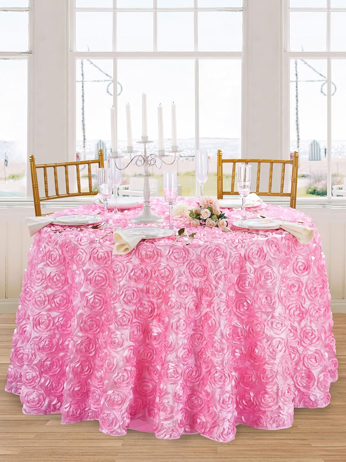 QueenDream Pink 3D Floral Table Cloth for Parties 90 Inch Round Tablecloth Satin Overlay Rosette Tablecloth for Wedding Birthday Tea Party Baby Shower Picnic Table Decorations