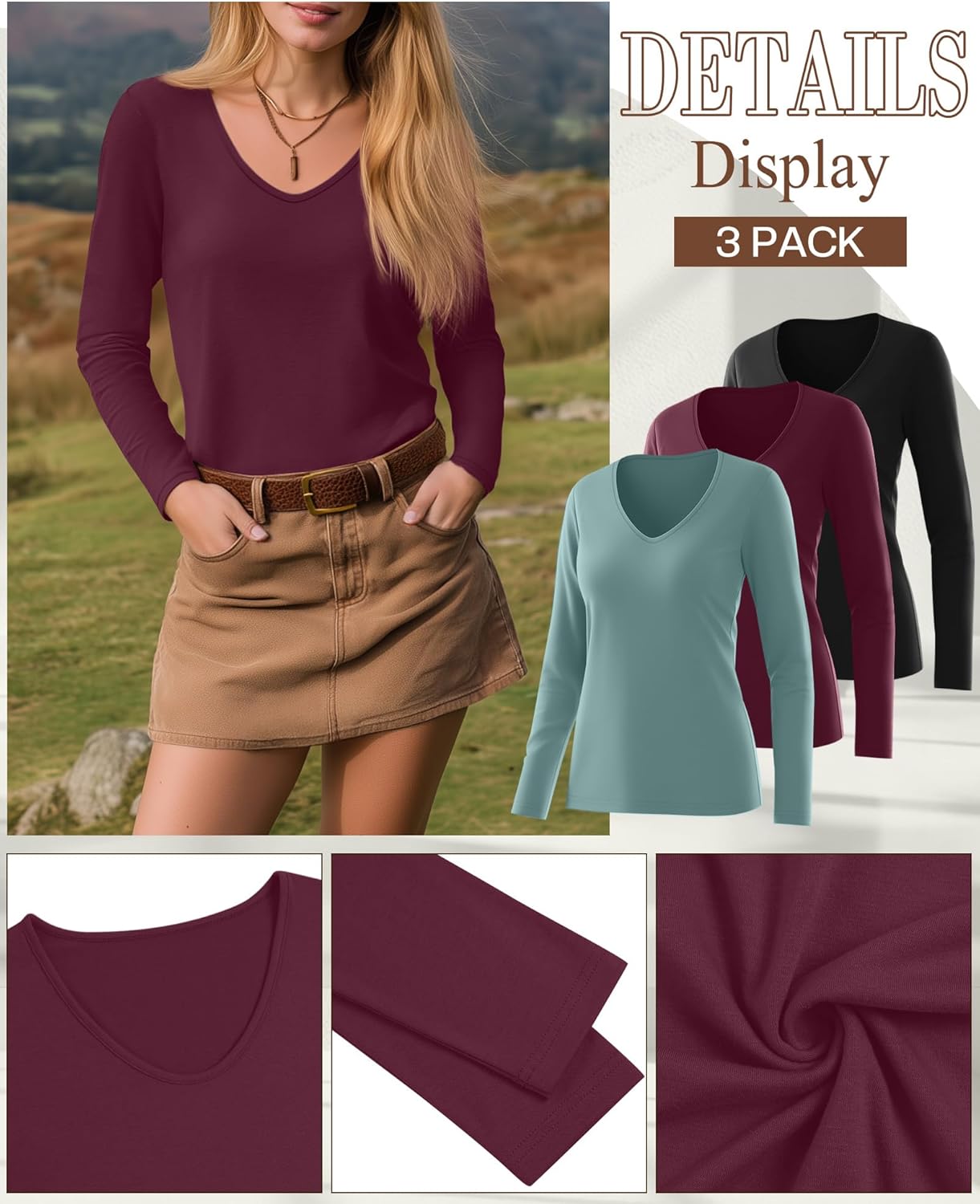Ficerd 3 Pack Women's Long Sleeve T Shirts, V Neck Basic Tops Fall Casual Trendy Tees Loose Fit Soft Clothes Outfits - Image 5