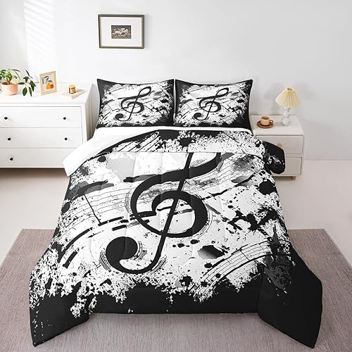Miniatura 12 de Manfei Juego de edredón musical tamaño Queen, juego de ropa de cama con estampado de notas musicales retro para niños y niñas, decoración de Marrón