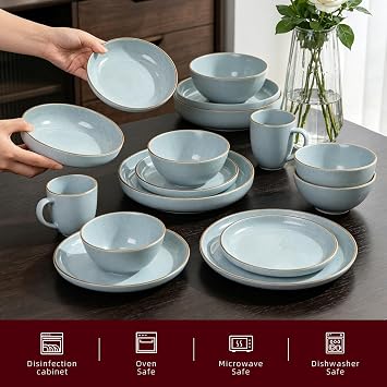Euro-Nordic 20-Piece Stoneware Dinnerware Set Shiny Light Blue with Speckle Effect
