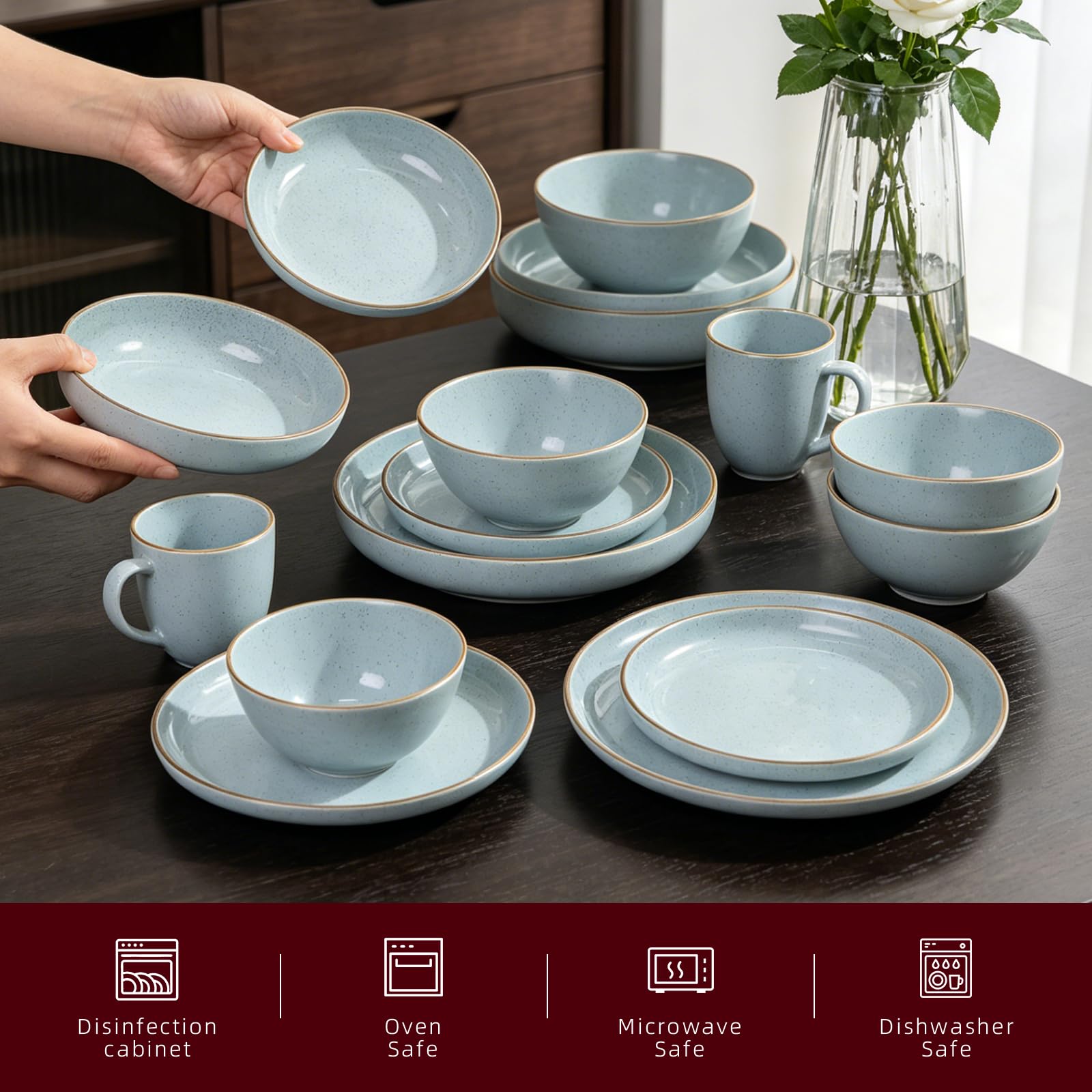 Juego de vajilla HomeVSS de 20 piezas - Para 4 personas, platos y cuencos azul claro brillante con efecto moteado, apto para microondas y lavavajillas.