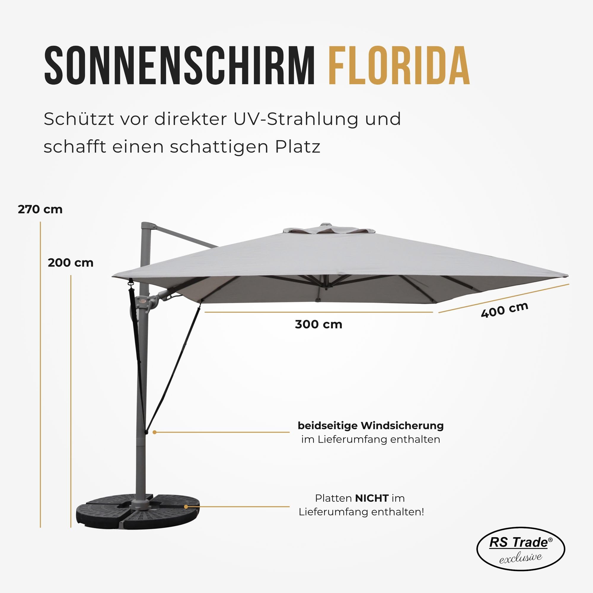 RS Trade Sonnenschirm Ampelschirm 3x4m groß rechteckig, mit Windsicherung, Ständer und Schutzhülle, drehbar neigbar kippbar mit Kurbel, windstabil für Garten Terrasse Balkon Gastronomie, hellgrau