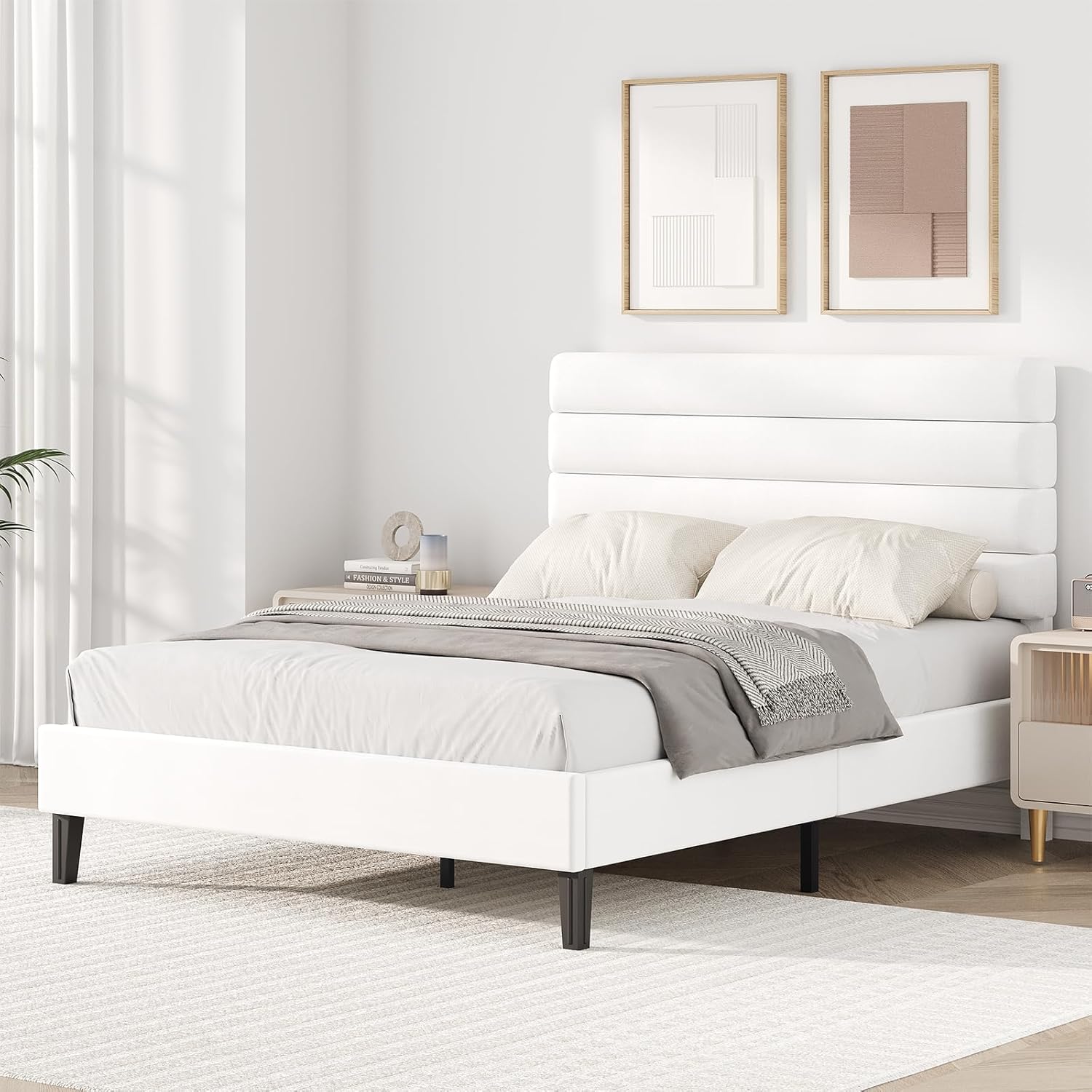 IMMERSTABLE Queen Bed Frame with Velvet Upholstered Headboard, No Box Spring Platform Bed, for Bedroom Master Bedroom Guest Room, Metal & Wood Slats Support, Noise-Free Easy Assembly, 800 lbs, White