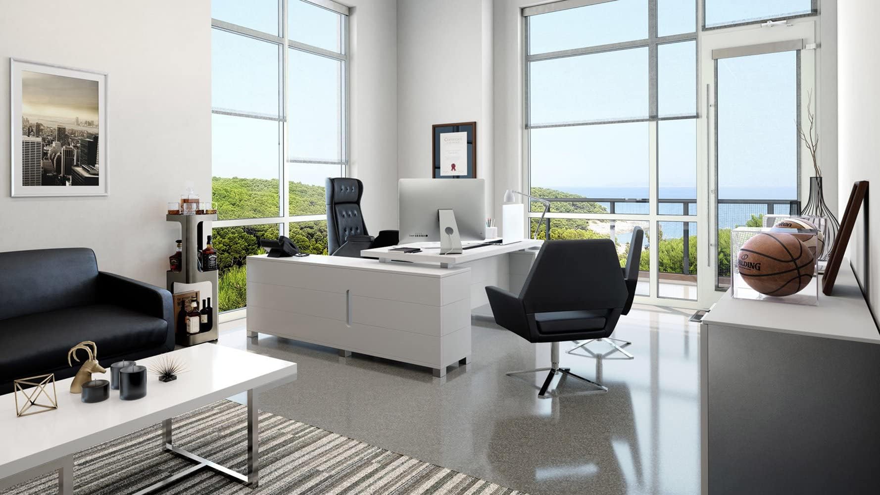 Zuri Furniture Modern 79" Ford Executive Desk with Right Return and Filing Cabinets - White