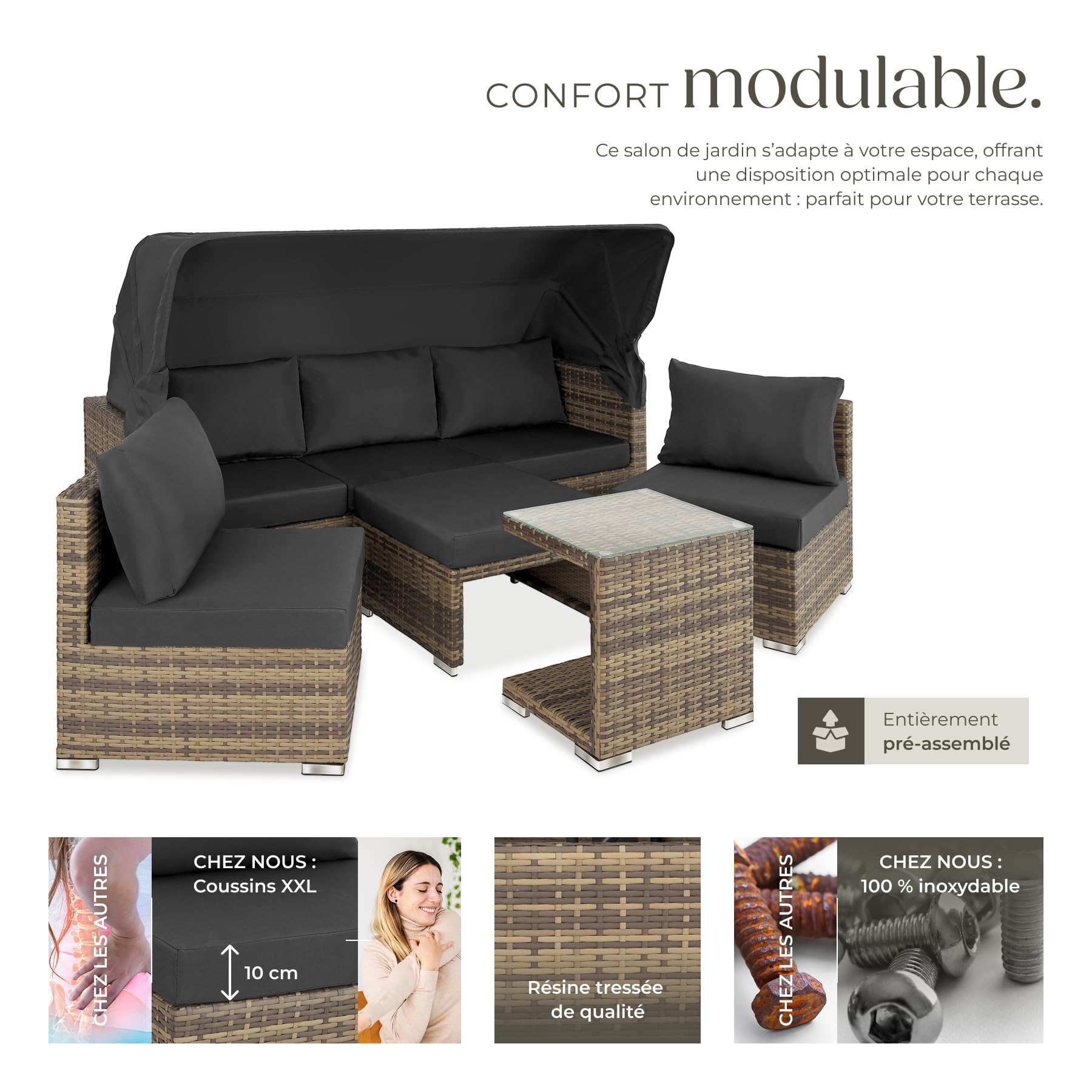 tectake® Salon de Jardin Exterieur Modulable Canapé de Jardin Bain de Soleil avec Pare-Soleil, Table de Jardin en Verre, Aluminium et Resine Tressee Amenagement Balcon Terrasse - Marron Naturel
