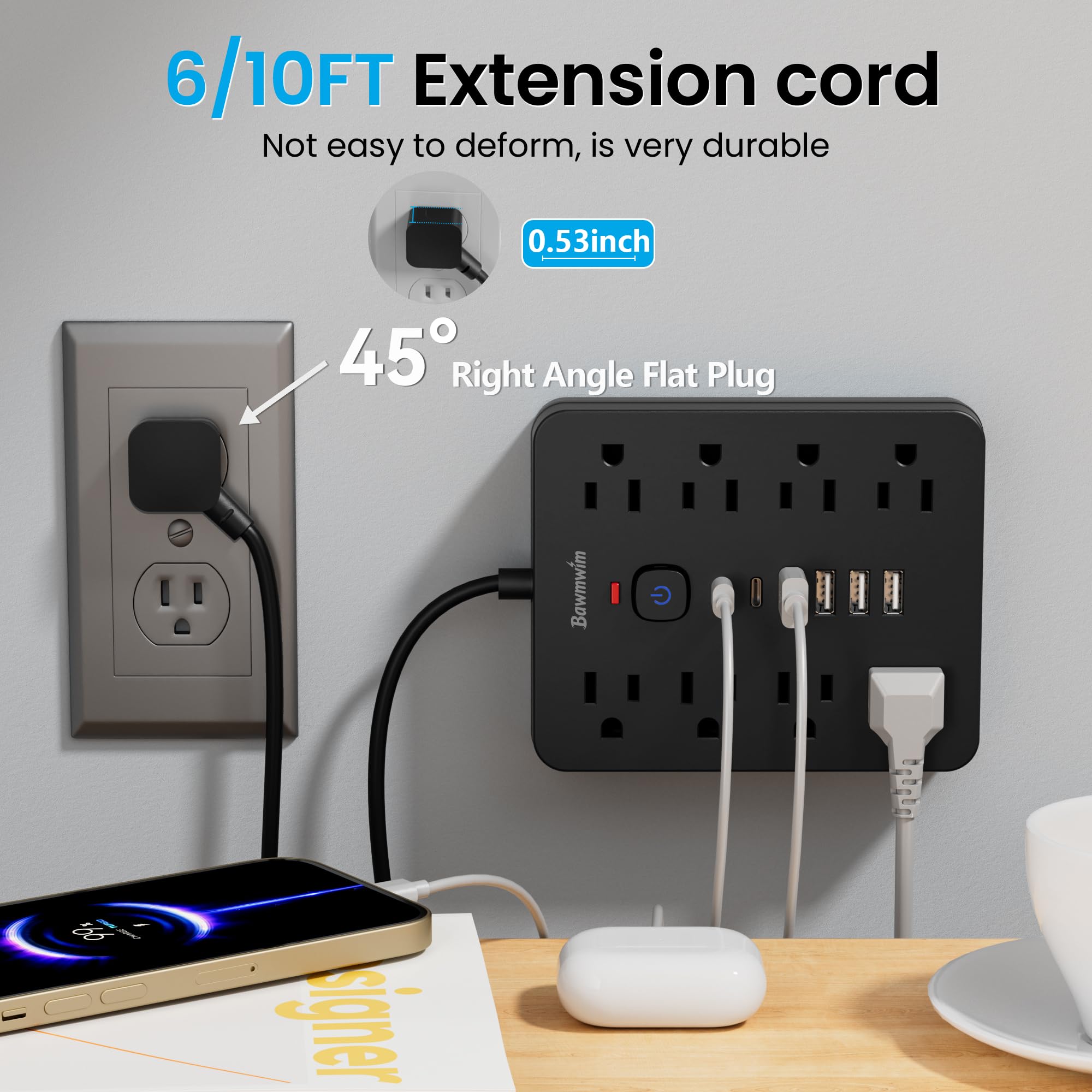 Regleta de alimentación con protector de sobretensión, 8 salidas (1250 W/10 A), 6 puertos de carga USB (2 USB C), cable de extensión de enchufe plano de 6 pies con protección contra