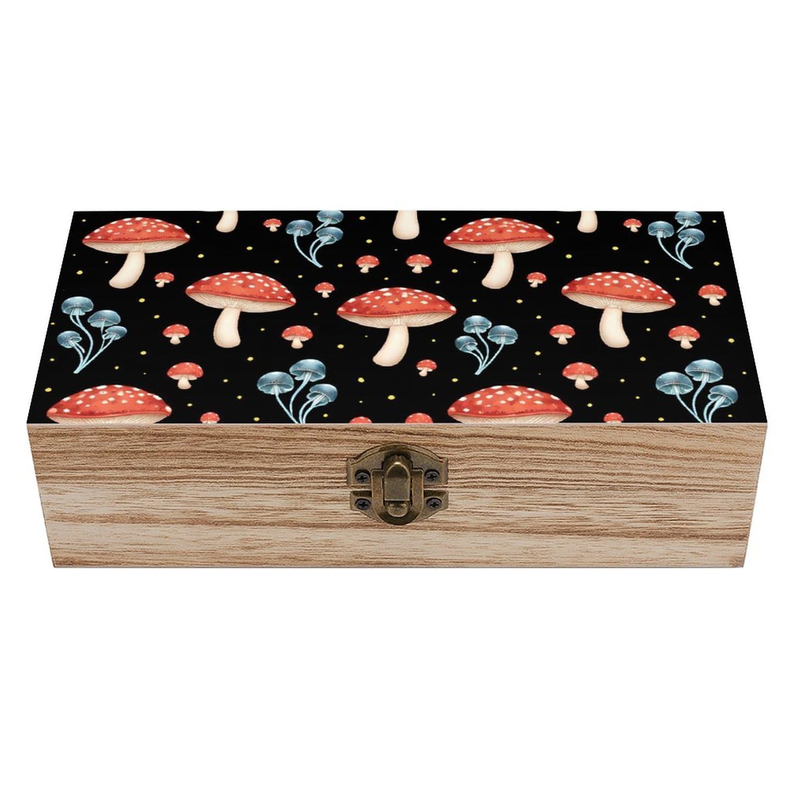 SMAZDFXX Goth Red Mushrooms Wooden Storage Box With Hinged Lid Decorative Front Clasp Keepsake Boxes