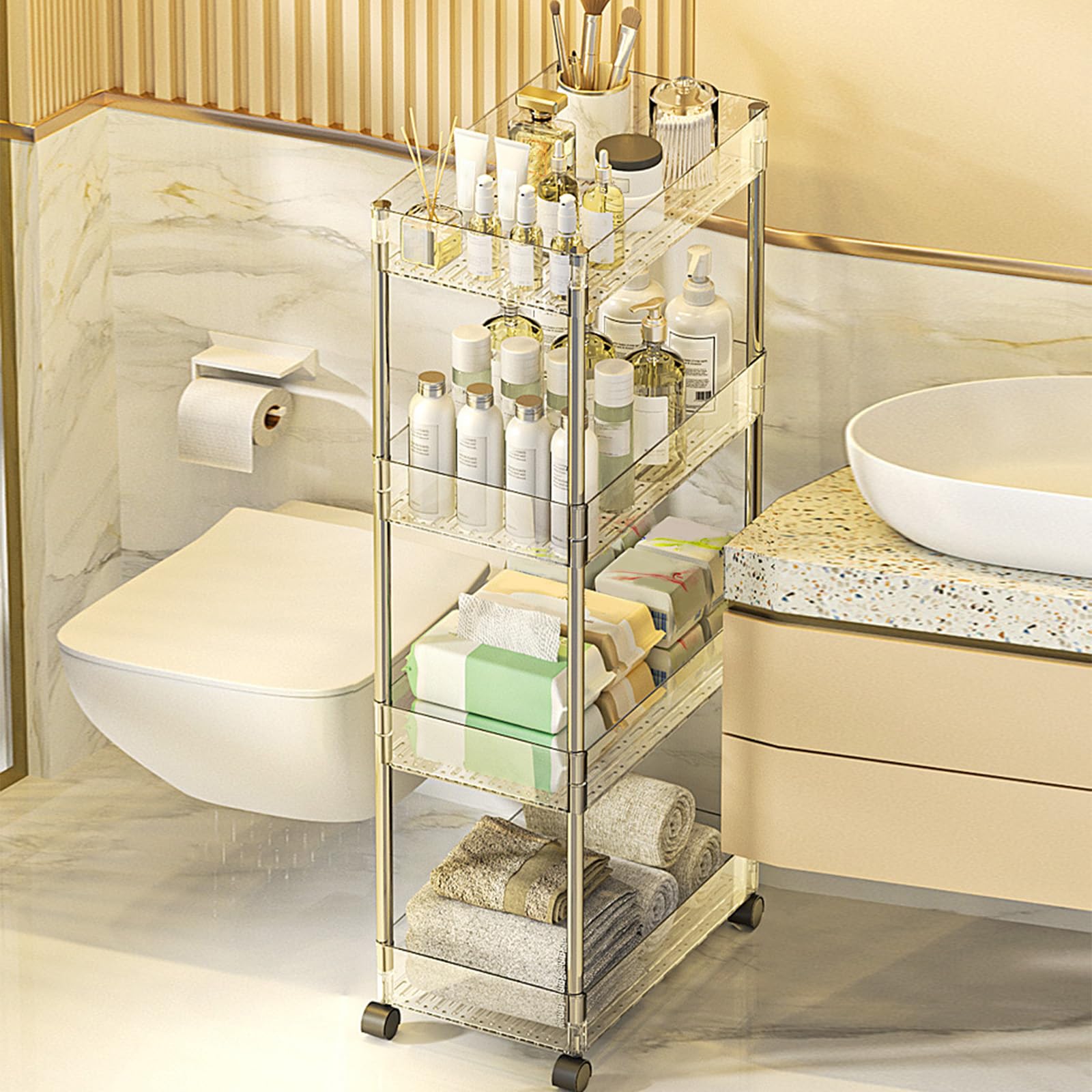 Carrello portaoggetti sottile – Scaffale mobile multiuso a 2 – 4 ripiani, espositore trasparente 35,1 x 13 x 85,9 cm (lunghezza x larghezza x altezza), perfetto per casa, ufficio, cucina