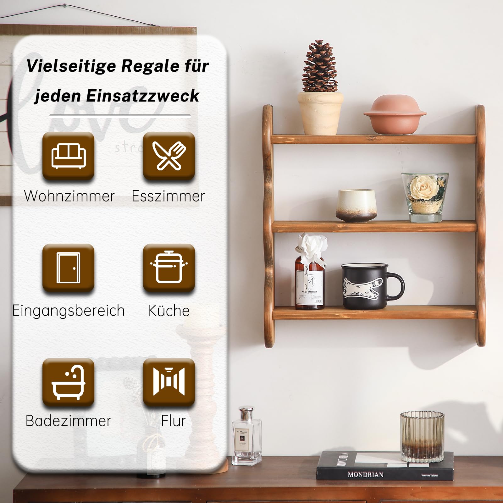 3-stöckiges Massivholz Wandregal, Rustikale wandregal Holz