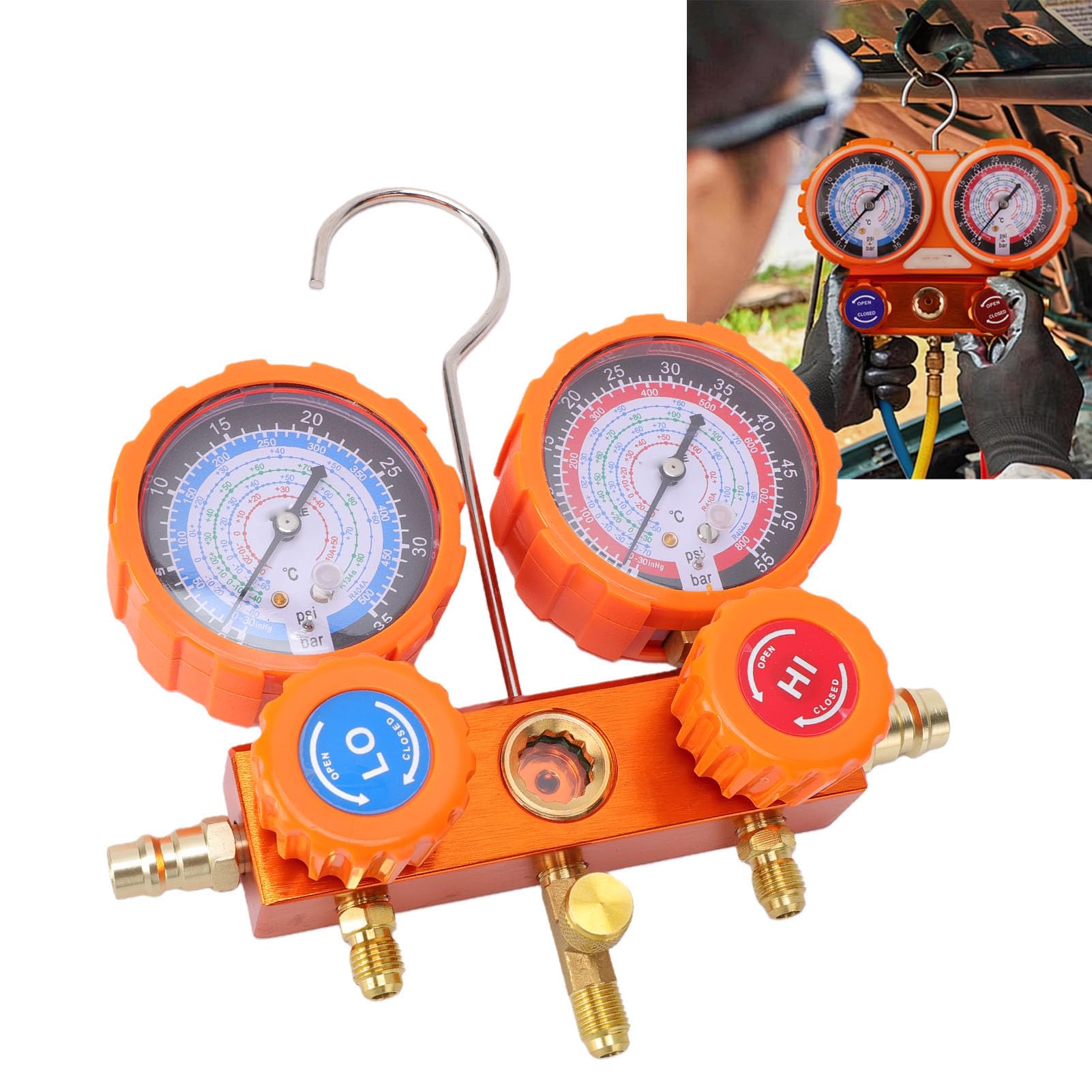 Juego de Manómetros de Colector de CA para Automóvil con Mangueras de PVC de Aluminio y Latón Medidor de Presión de Refrigerante de 3 Vías Mangueras de 5 Pies 600 PSI para Diagnóstico de