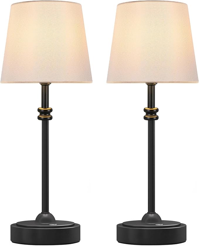 ONEWISH Cordless Lamp-Battery Operated Table lamp, 4000mAh Rechargeable, Stepless Dimmable, Small Touch Bedside Lamp with White LampsShade, 2700K Warm Ambient Light for Dining, Patio, Bathroom(Black)