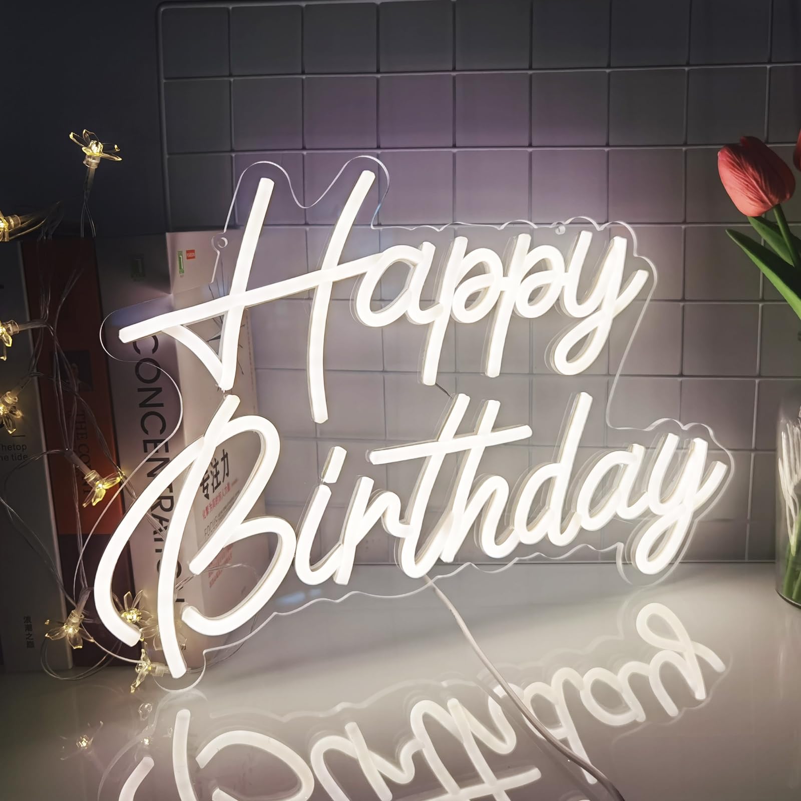 Feliz cumpleaños Señal de neón reutilizable cálido blanco led luz nocturna de neón Decoraciones de la fiesta de cumpleaños USB operado decorativo para la decoración de la pared de fondo 5v, 16.5""*11"