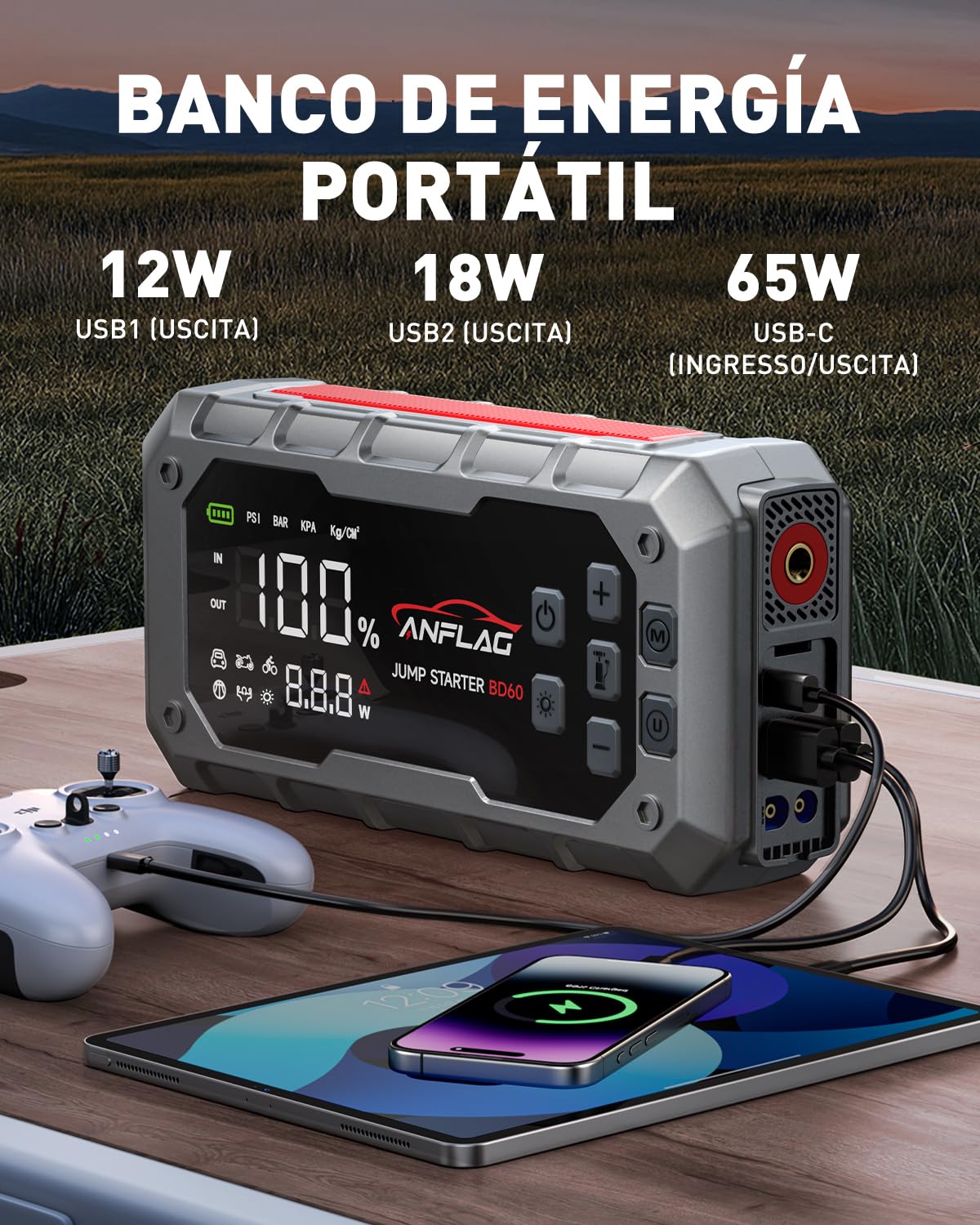 Arrancador de Baterias de Coche con Compresor de Air, ANFLAG 8000A 160PSI Arrancador(para All Gas/14L Diésel/Híbrido), 26800mAh 12V Jump Starter con Clips de Seguridad Inteligentes/Guantes/Luces