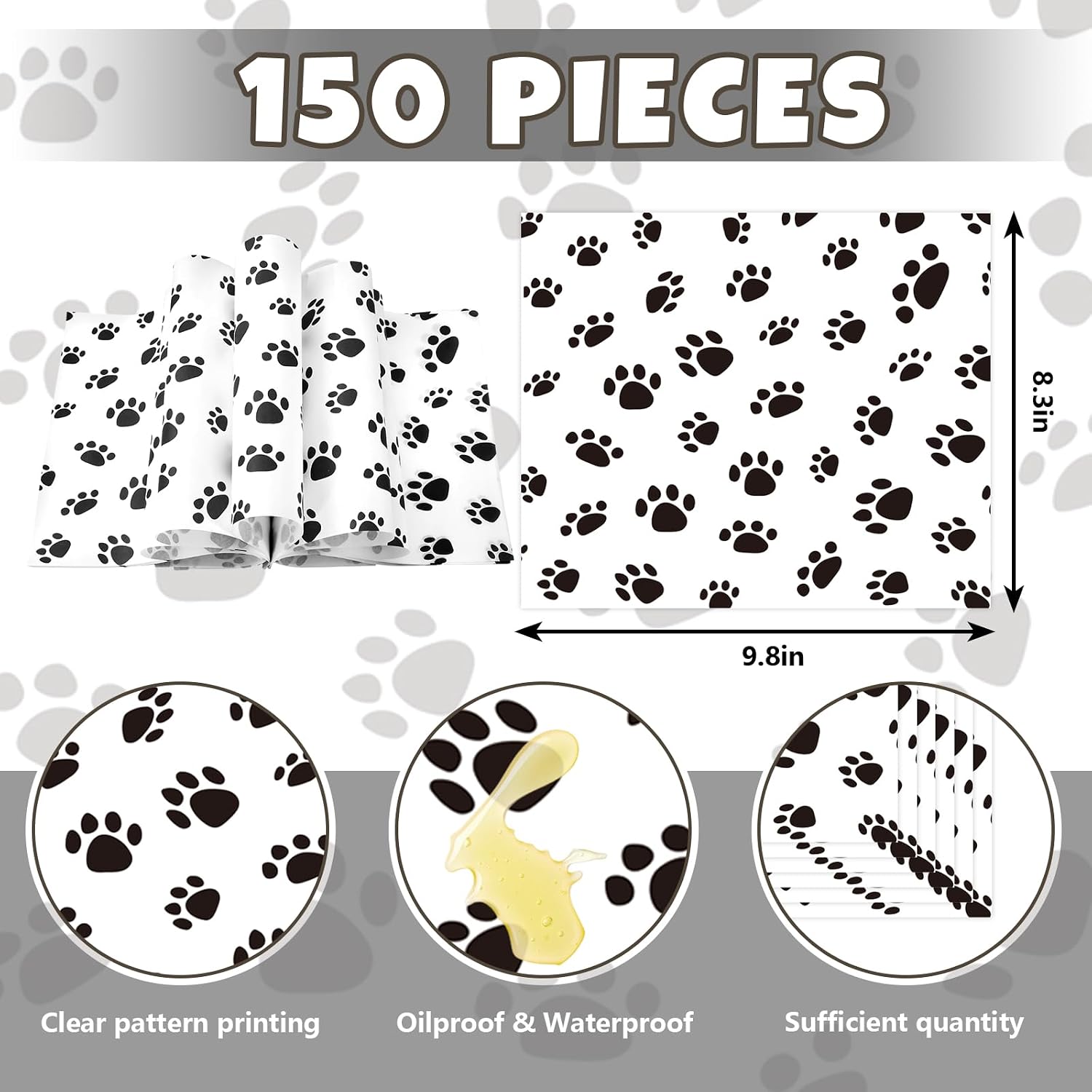 JarThenaAMCS 150Pcs Dog Paw Wax Paper Deli Paper Sandwich Wrap Tissue White Black Pet Paw Waterproof Oil-Proof Picnic Liner for Home Party Kitchen Supplies, 9.8 x 8.3 Inch