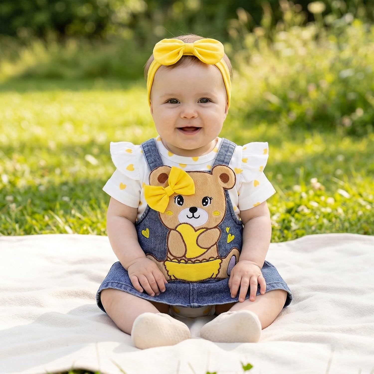 Baby Girl Clothes Outfits Summer Cute Little Bear Romper + Shorts + Butterfly Tie Hair Band Set 0-18 Months
