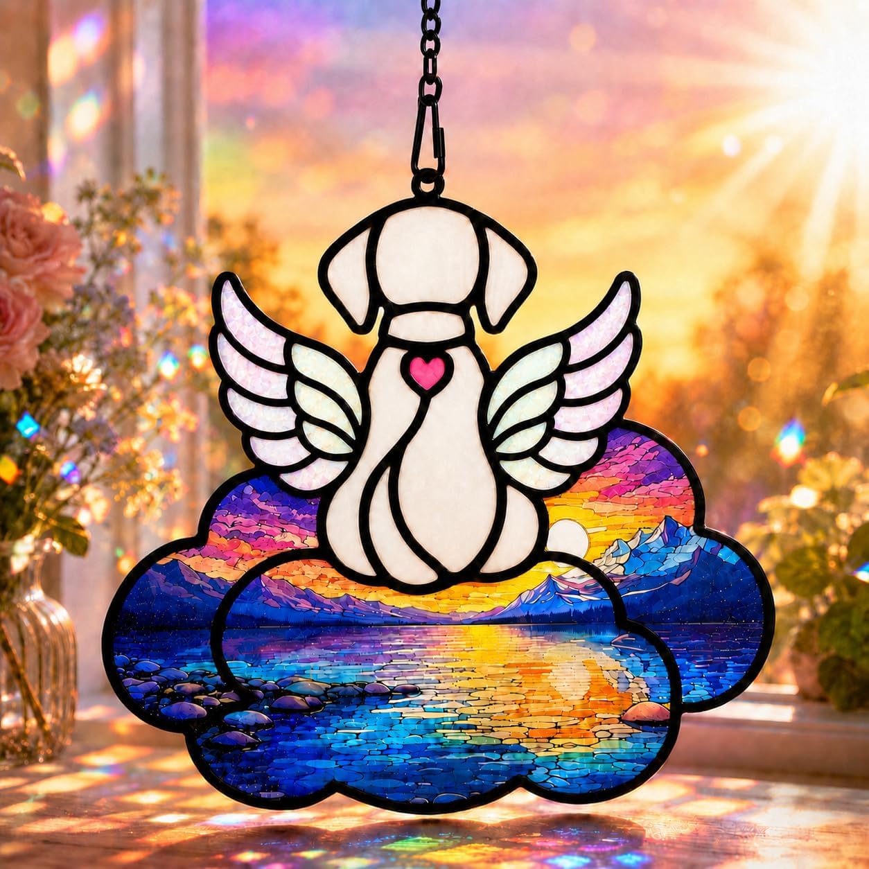 Dog Memorial Suncatcher, Rainbow Bridge Pet Loss Window Hanging Ornament