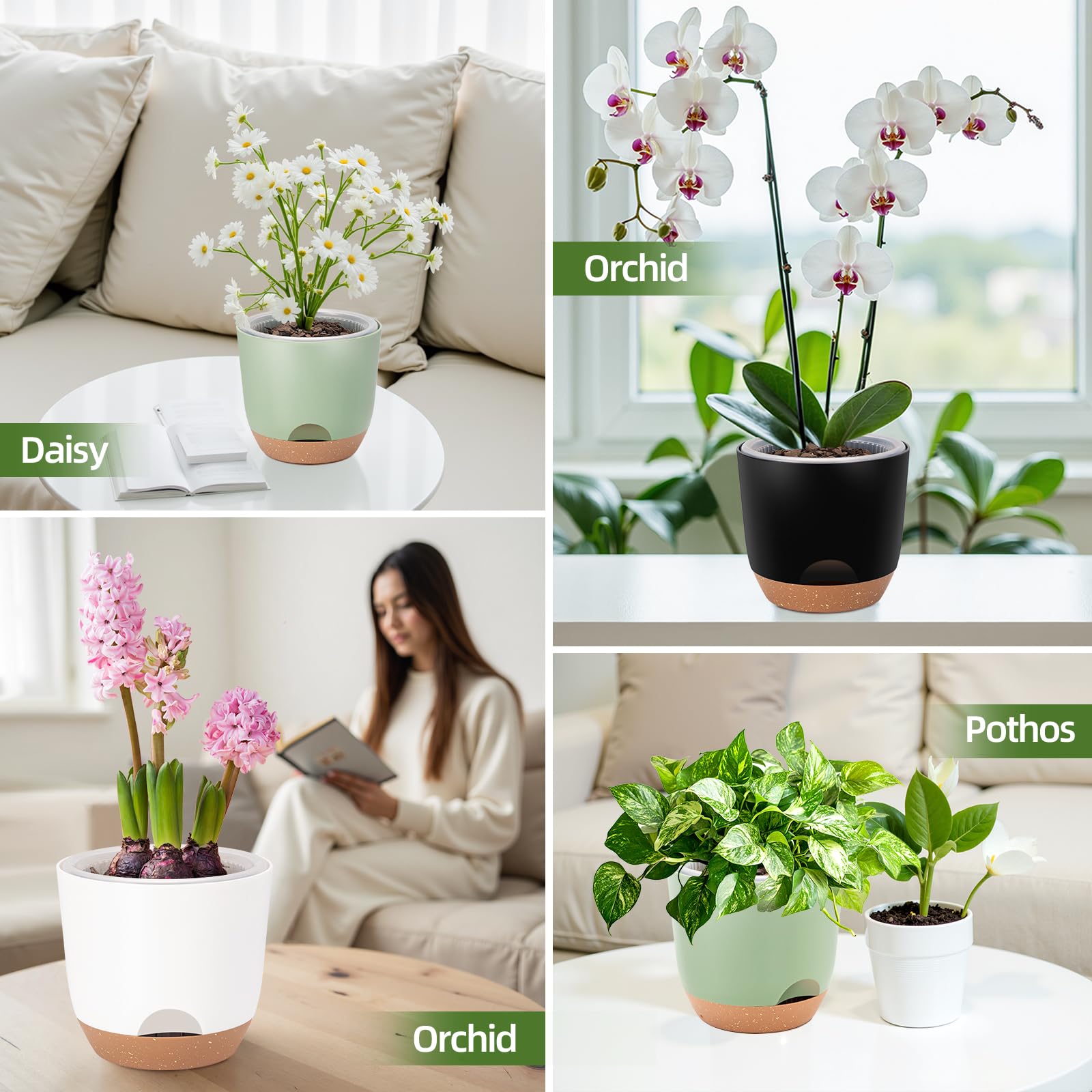 Macetas de riego automático de 7.2 pulgadas para plantas de interior con riego inferior, paquete de 2 macetas para exteriores con drenaje, macetas de plástico duradero (verde)