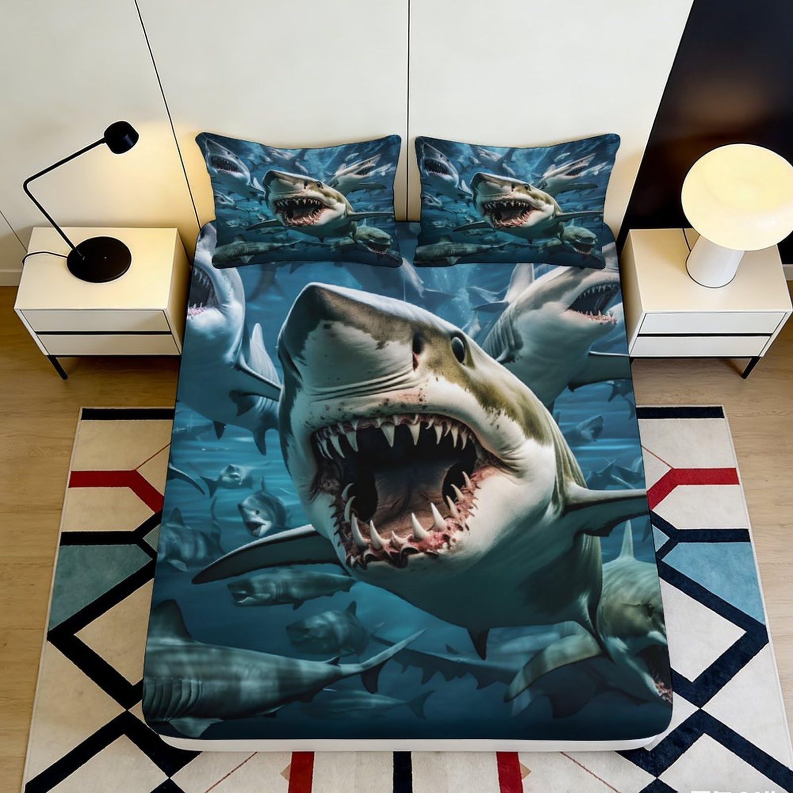 3D Printed Shark Pattern Fitted Sheet Microfiber Soft Breathable Ocean Life Bed Cover for Bedroom Dormitory Guest Room Mattress Protection 140x200x25cm