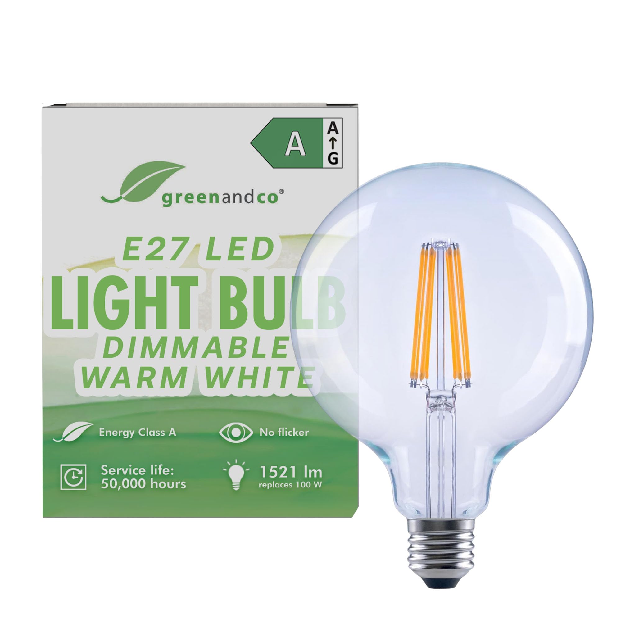 greenandco LED Filament Light Bulb | Clear | Dimmable | E27 G125 | 7.2W 1521lm | Replaces 100W | 3000K Warm White | 320° | 230V | Flicker Free | Energy Class A