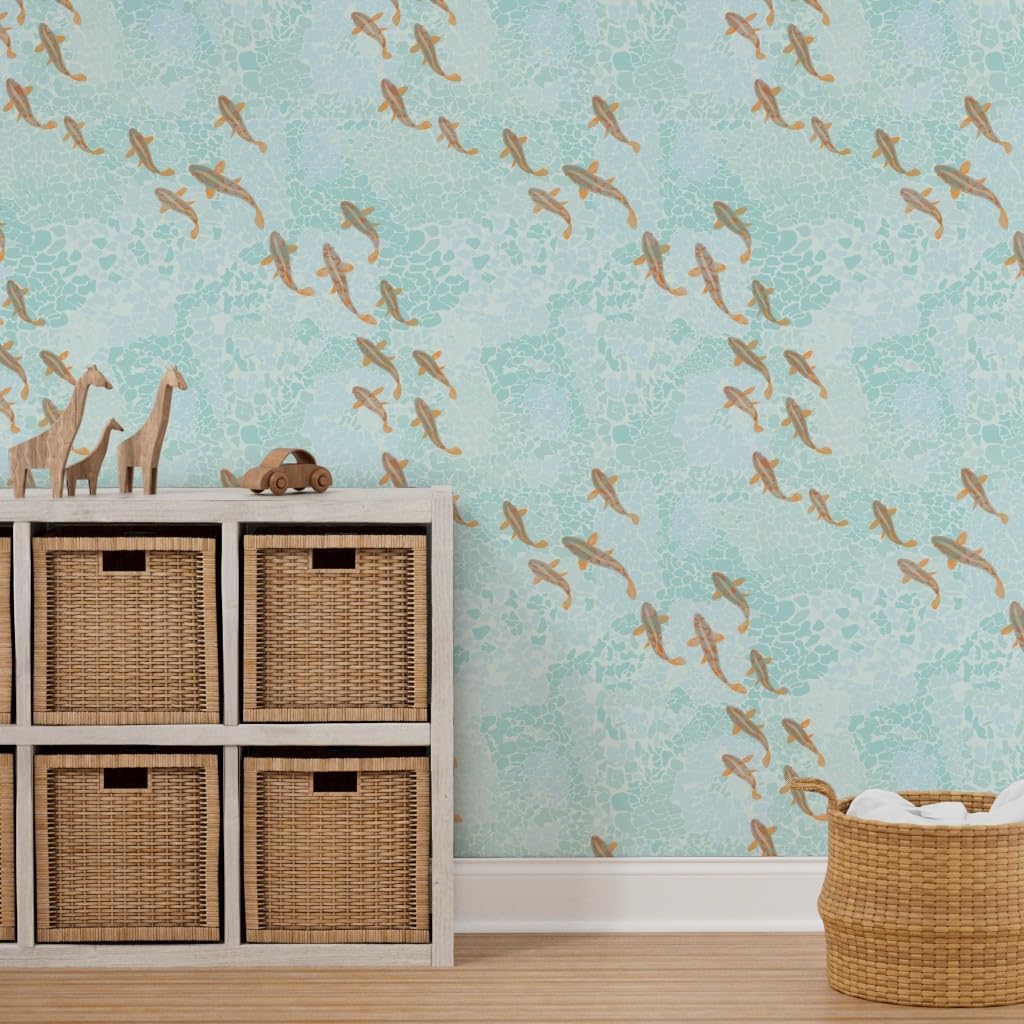 Peel & Stick Wallpaper 3ft x 2ft - Orange Fish Water Sea Ocean Wave Nautical Custom Removable Wallpaper by Spoonflower