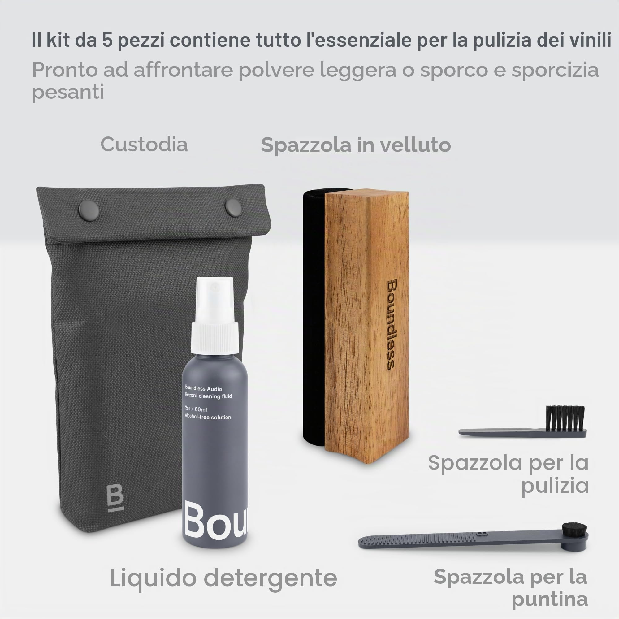 Boundless Audio Kit per la pulizia dei dischi in vinile, kit 5 in 1 per la pulizia dei vinili, include spazzola per dischi in velluto, detergente per pennino, soluzione detergente, spazzola in nylon e