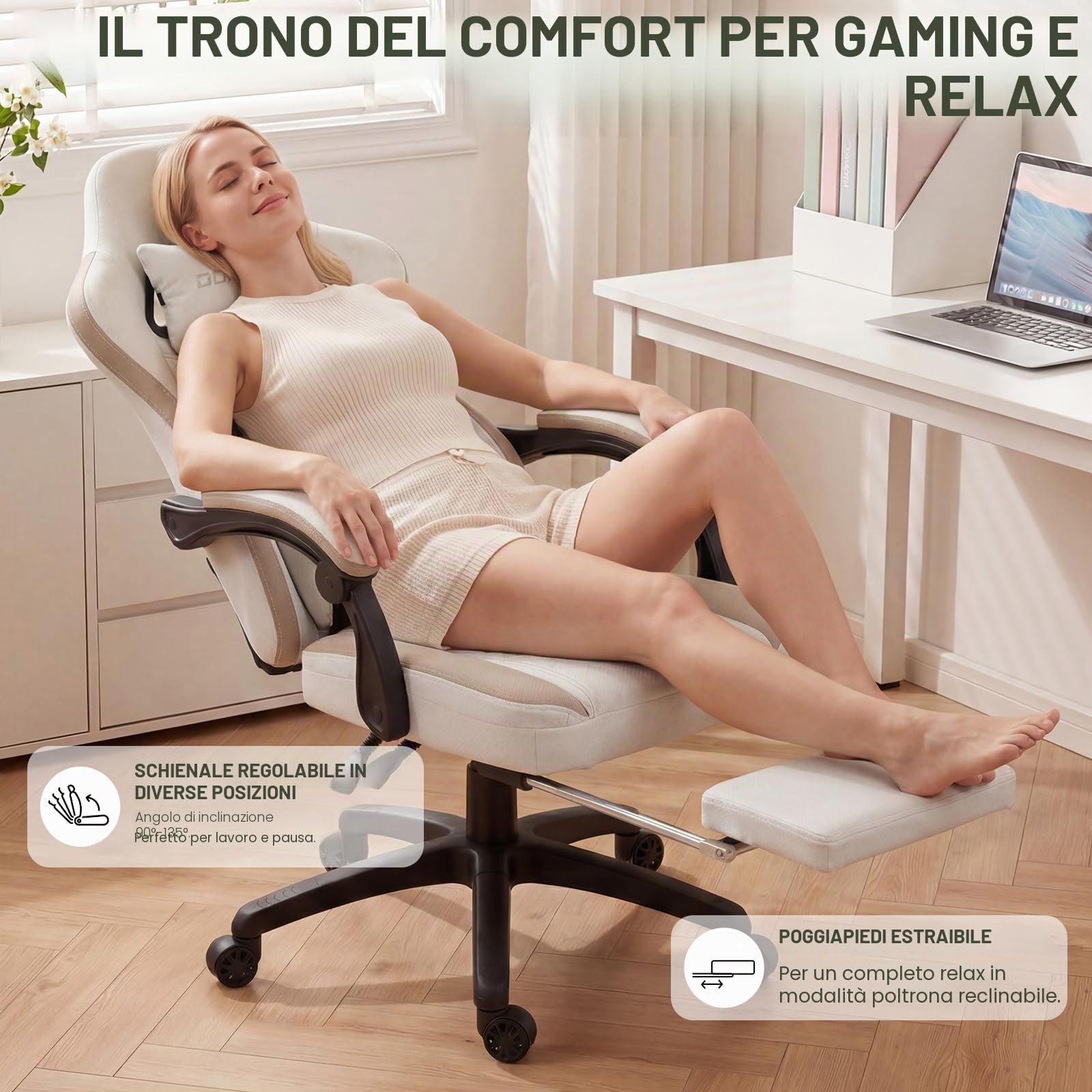Dowinx Sedia Gaming con supporto lombare, Ampio Sedile Piatto Poltrona Gaming, Sedie Gaming Ergonomica con cuscinetto in gel e borse di stoccaggio Sedia Game, Beige