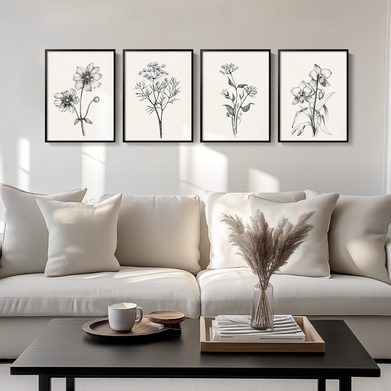 Cuspin Framed Black & White Botanical Canvas Wall Art, Set of 4, 12x16in, Rustic Minimalist