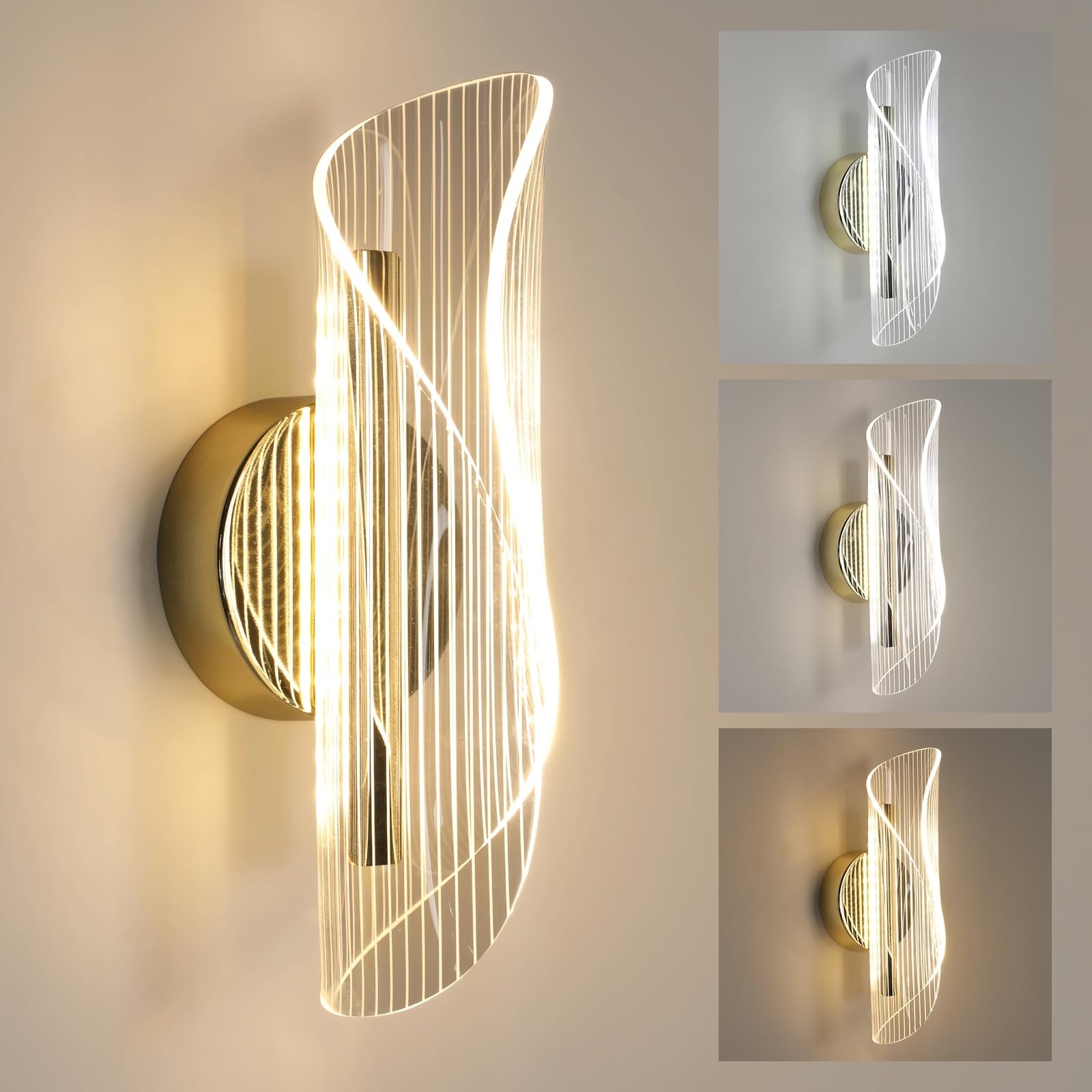 Comely LED Wall Lights Indoor, 16W Creative Spiral Design Gold Wall Light 3000K/4500K/6500K, Modern Acrylic Wall Sconce Lights for Bedroom, Living Room, Background Decoration, Hallway [Energy Class E]