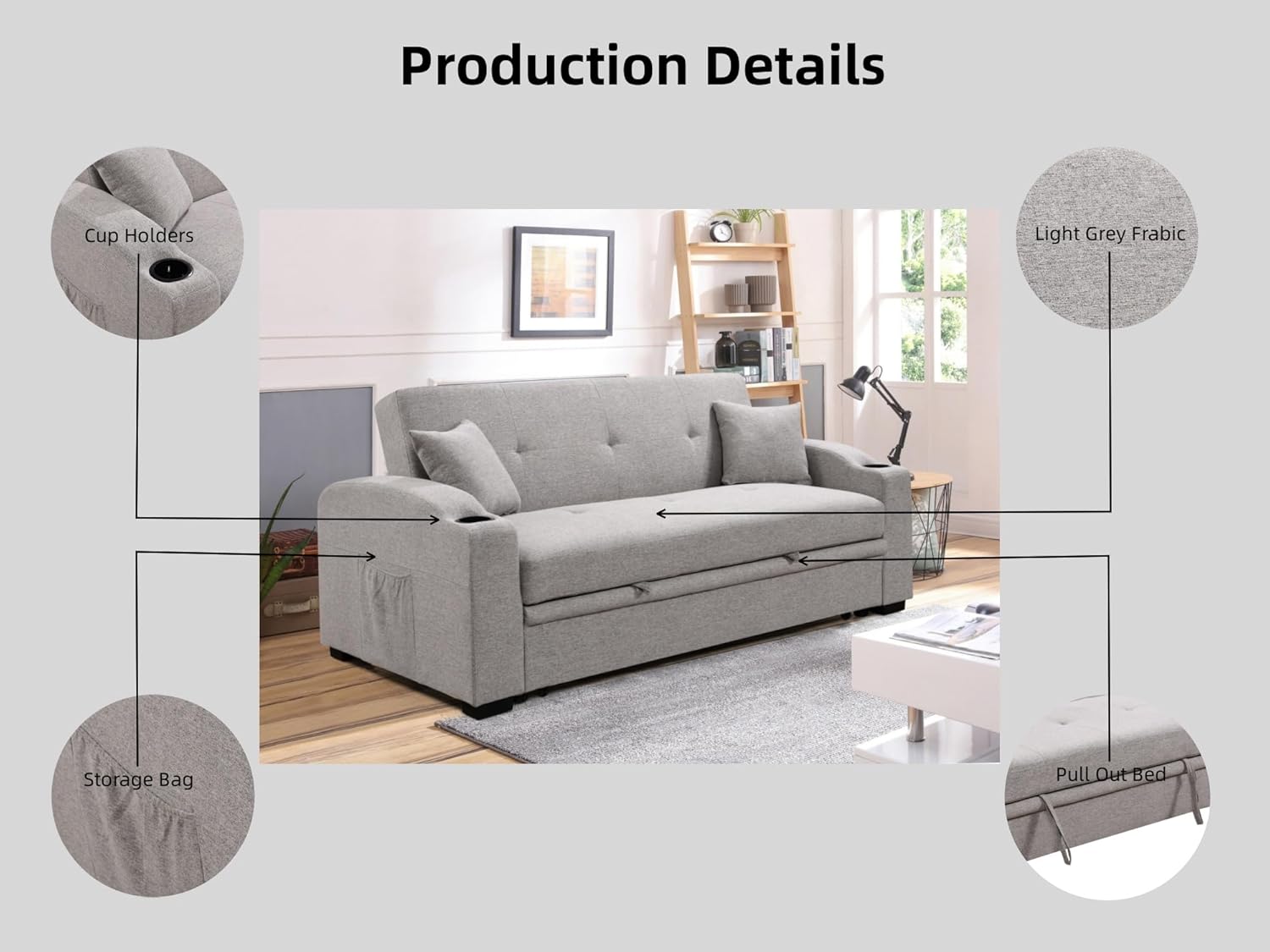 75'' Queen Size Sleeper Sofa Couch with Pull Out Bed and Cup Holders, Convertible Loveseat Futon Couches with Adjustable Backrest and Side Pocket, Sofas Beds for Living Room, Grey