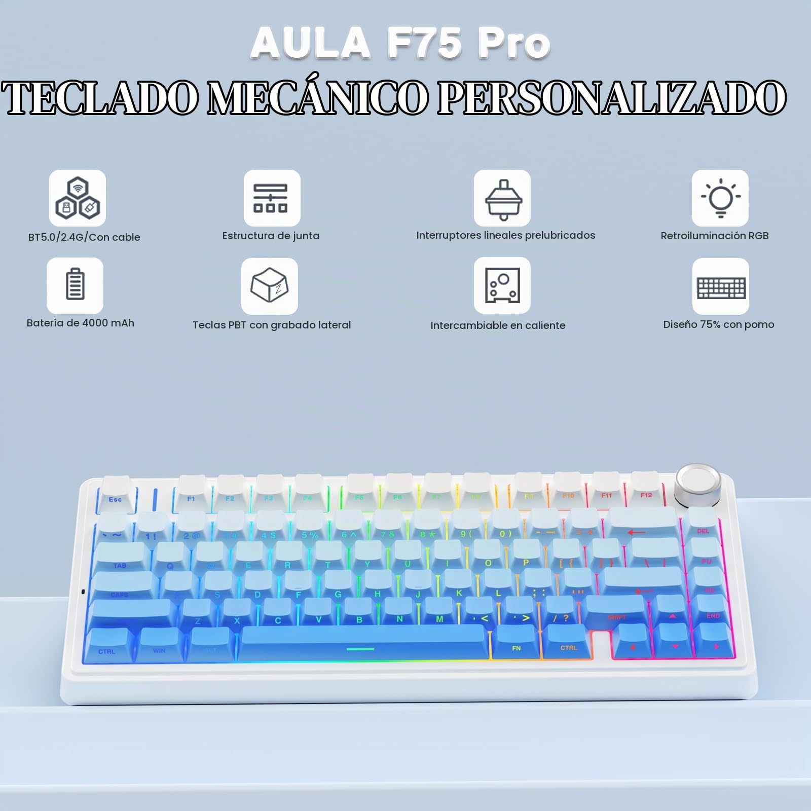 Aula F75 Pro Teclado mecánico inalámbrico, 75% Junta Teclado Personalizado Intercambiable en Caliente, retroiluminación RGB, interruptores lineales prelubridos, Teclas PBT Impresas Laterales, Teclado