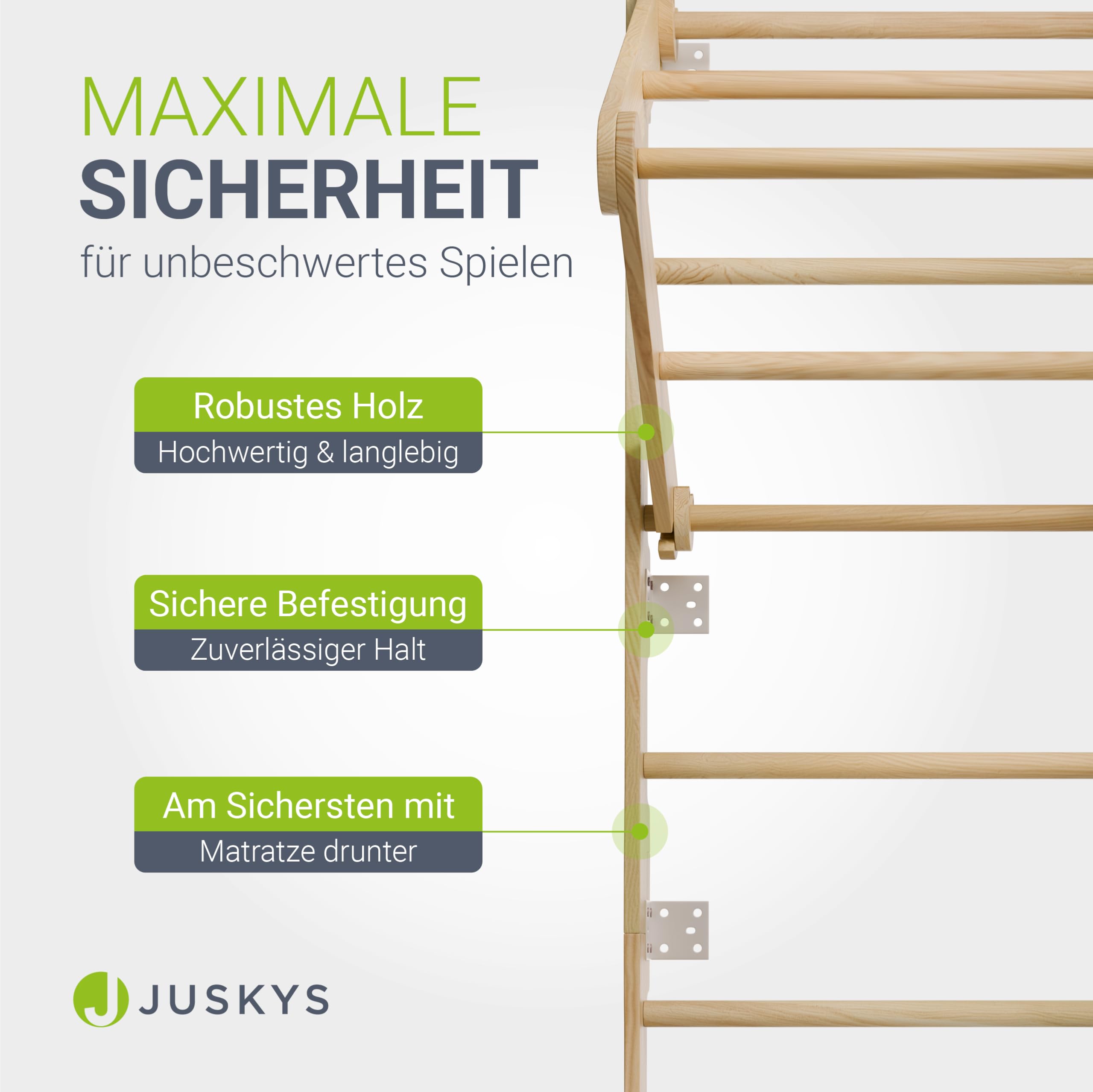 Juskys® Sprossenwand für Kinder - mit Klimmzugstange, Indoor Klettergerüst mit Turnringen und Strickleiter, Kletterwand fürs Kinderzimmer, Turnstange
