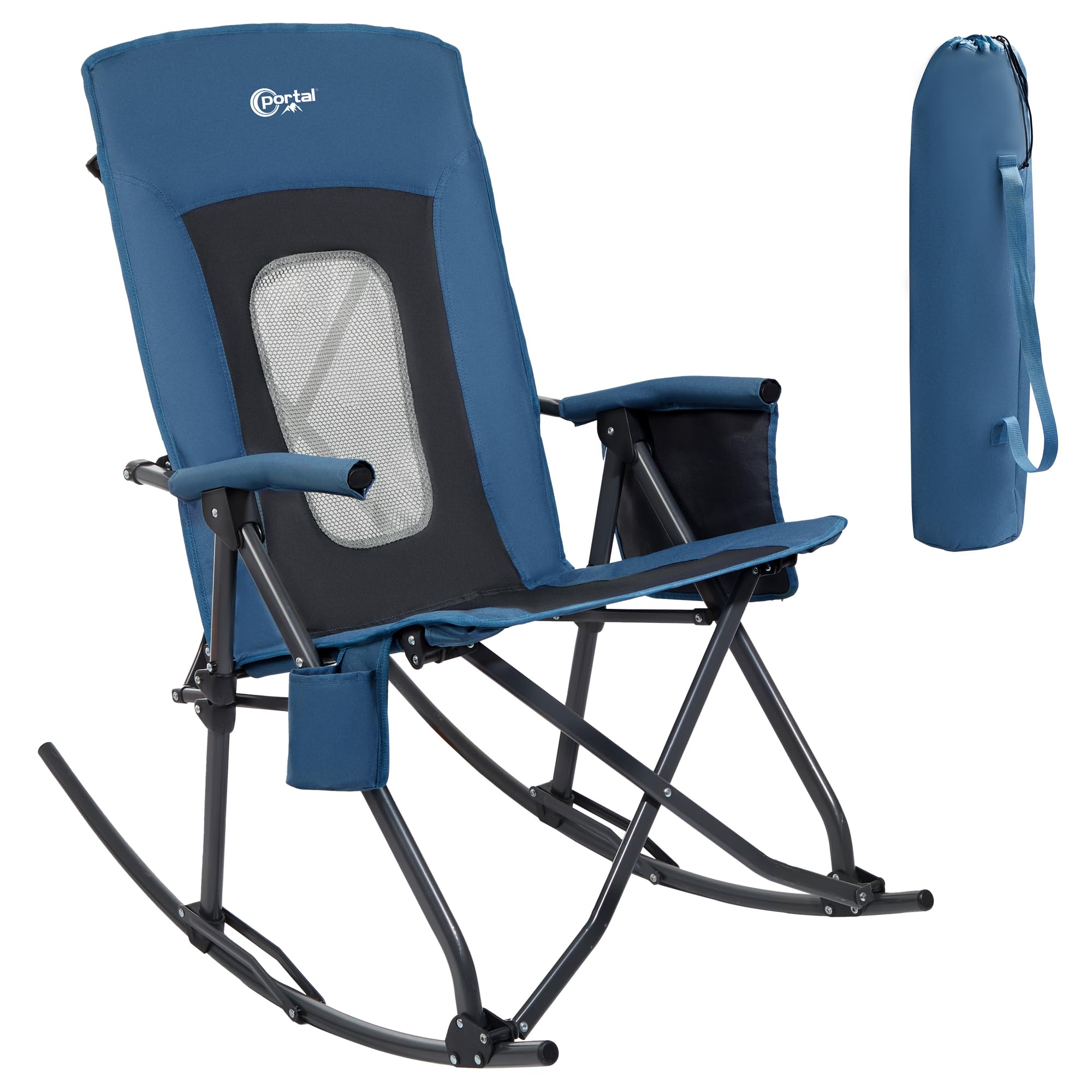 PORTAL Oversized Folding Rocking Camping Chair Portable Outdoor Rocker with High Back Hard Armrests Carry Bag, Supports 400 lbs, Mesh Back, Blue