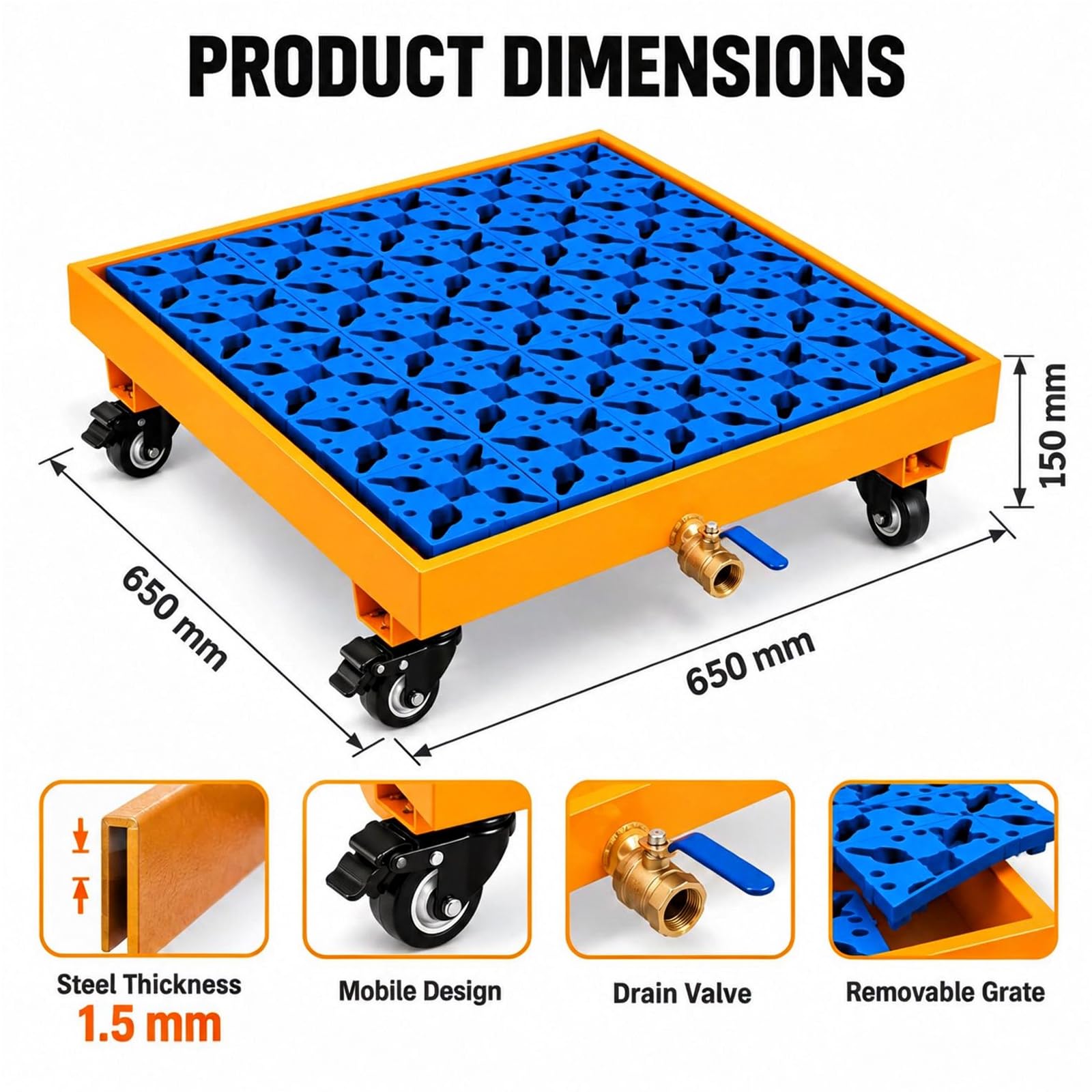 COYEUX Plateforme Mobile De Rétention des Déversements pour Fût Unique, Plateforme Modulaire À 4 Roues avec Grille Et Drain, en Acier De 1,5 Mm Dépaisseur, pour Garages, Ateliers Et Entrepôts.