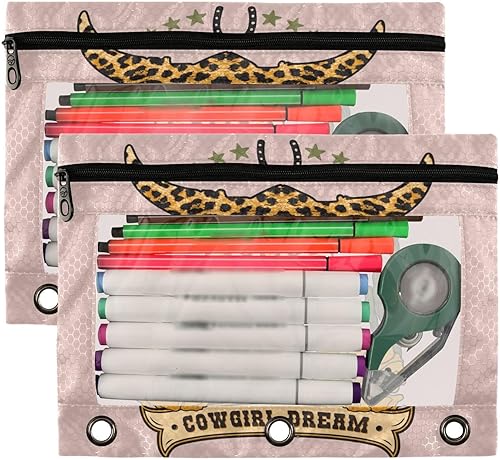 Miniatura 2 de Estuche para lápices de vaquera occidental con estampado de leopardo para 3 bolsillos para carpetas de anillos, bolsa transparente con cremallera,