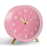 Analog Alarm Clock, 4 inch Super Silent Non Ticking Small Clock with Night Light, Battery Operated, Simple Design, easy setting for Office, Bedroom, Bedside, Desk, teens, elders, kids, adult, Pink