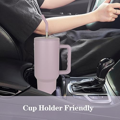 Miniatura 6 de Maravilloso Vaso de 40 onzas con asa y popote, taza de viaje de acero inoxidable reutilizable aislada con popote y tapas abatibles, taza de viaje de