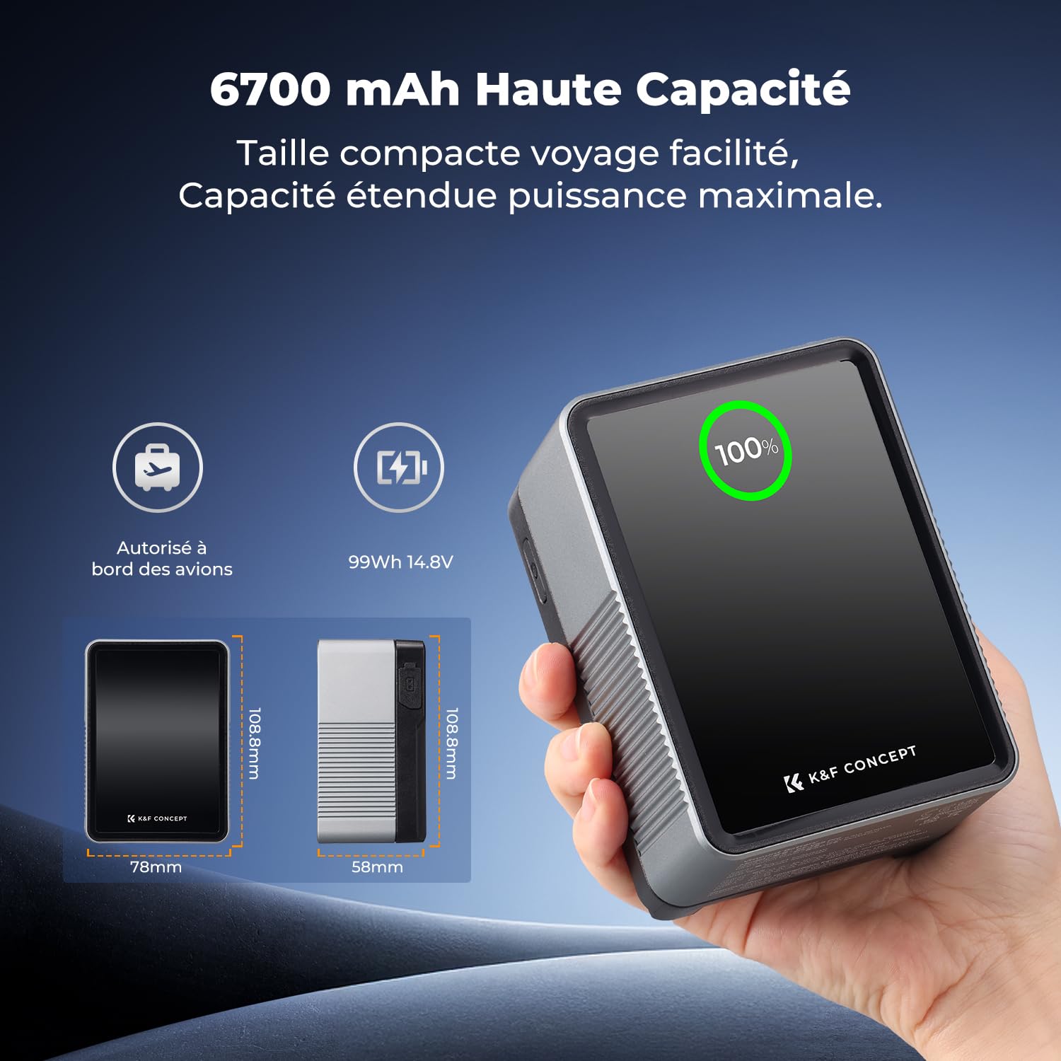 K&F CONCEPT 99Wh Batterie V Mount avec 100W Charge Rapide PD, 14.8V/6700mAh Mini Batterie V Lock avec DC/D-Tap/Double USB-C/USB-A/Écran TFT/Câble de Charge 240 W pour Camera, Caméscope, Moniteur