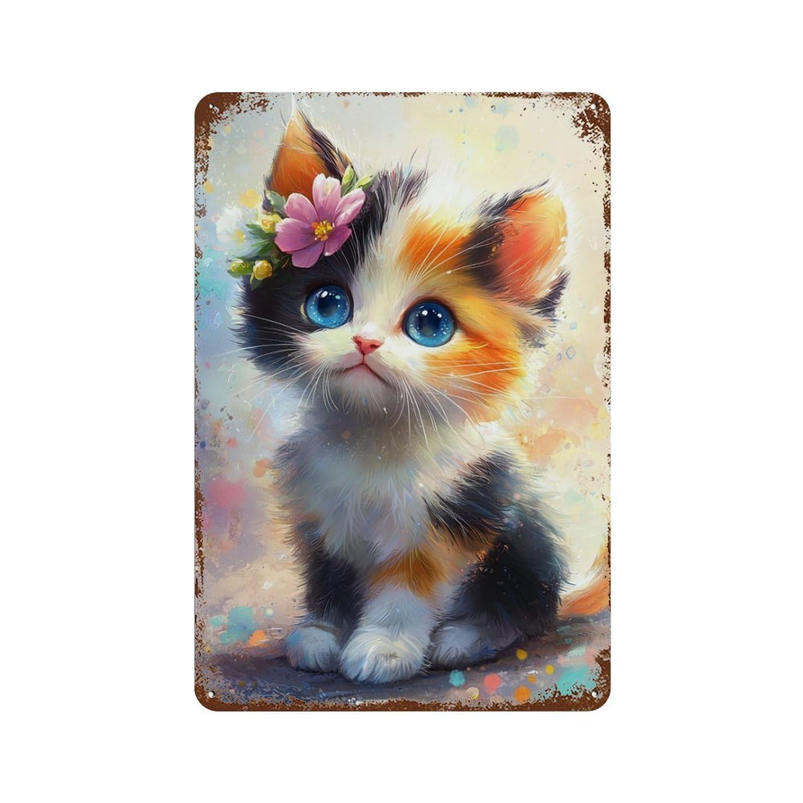 Garage Style Floral Crown Kitten Distressed Metal Wall Sign 11.8"x7.9", Rustic Home Decor for Bar And Workshop