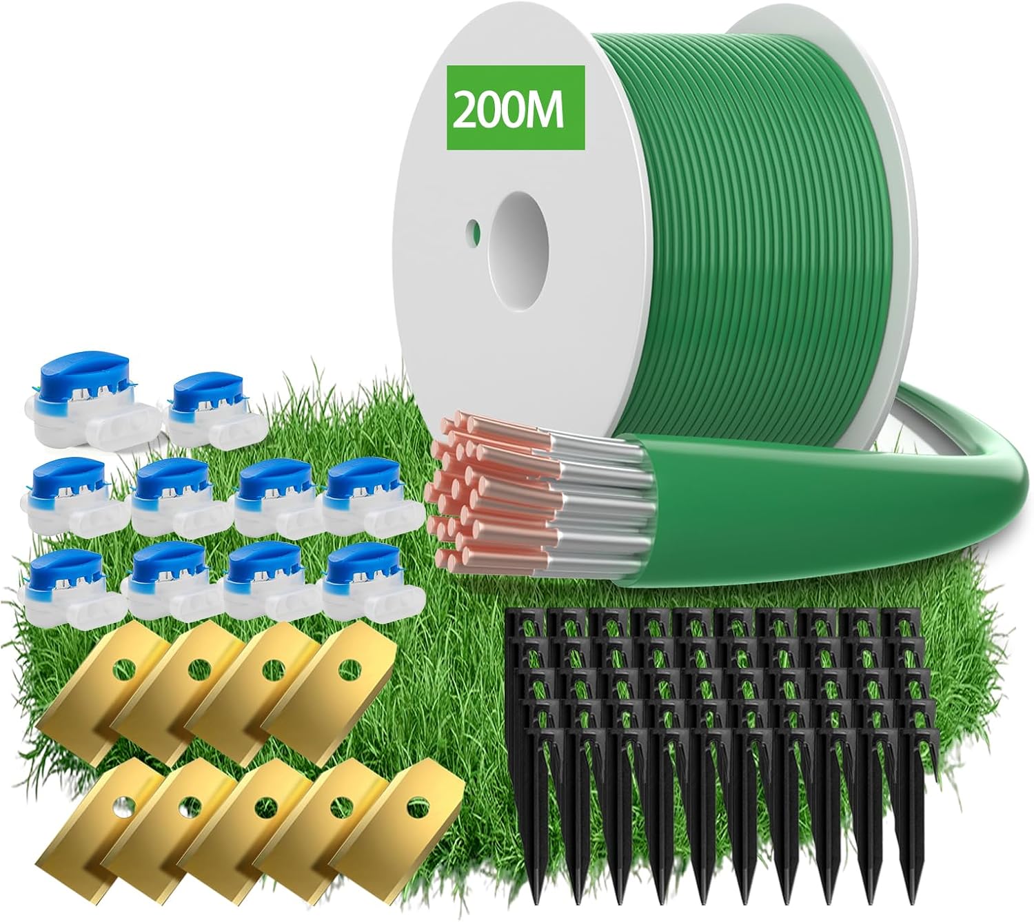 200 m Universal Boundary Cable for Robotic Lawnmower - Headley Tools Boundary Wire Contains 50 x Pegs + 10 x Cable Connectors + 9 x Blades Compatible with Gardena/Husqvarna/Worx