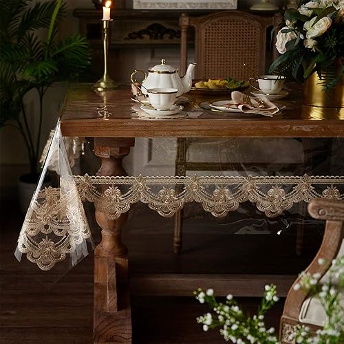 Miniatura 3 de ARTABLE Mantel rectangular de vinilo de PVC, impermeable, transparente, con borde de macramé de encaje, para Navidad, cocina, hogar, exteriores,