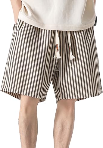 DGHM-JLMY Men Retro Vertical Striped Straight Casual Short Fashion Outdoor Drawstring Waist Shorts Baggy Summer Shorts Pocket