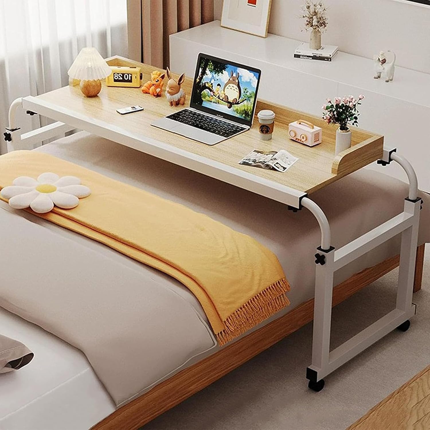 Adjustable Height Overbed Table on Wheels for Home Working and Dining Oak Color