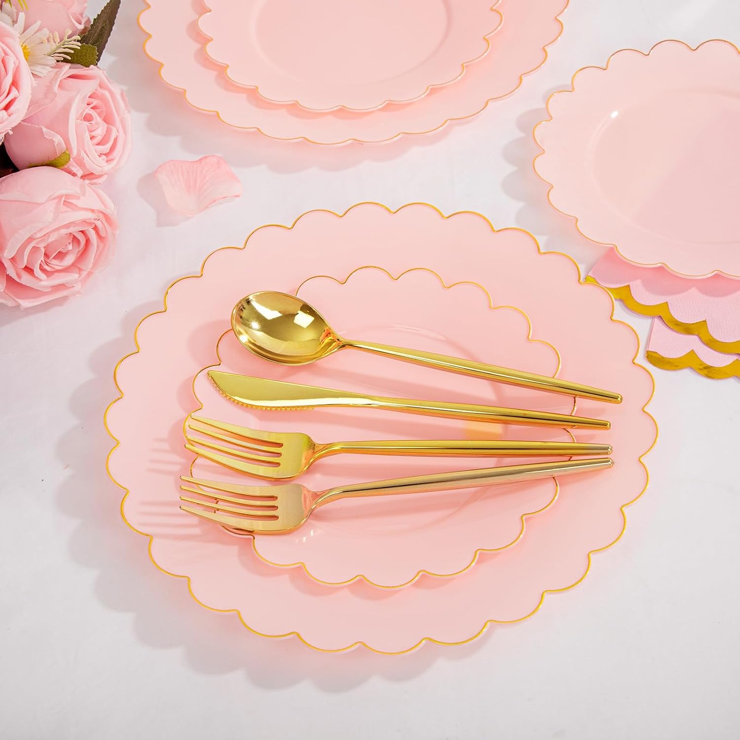 LIYH 210 Pcs Pink and Gold Scalloped Plastic Plates - Disposable Dinnerware Set, Include Gold Plastic Silverware, Pink Plates and Napkins Party Supplies for Birthday Wedding - Image 4